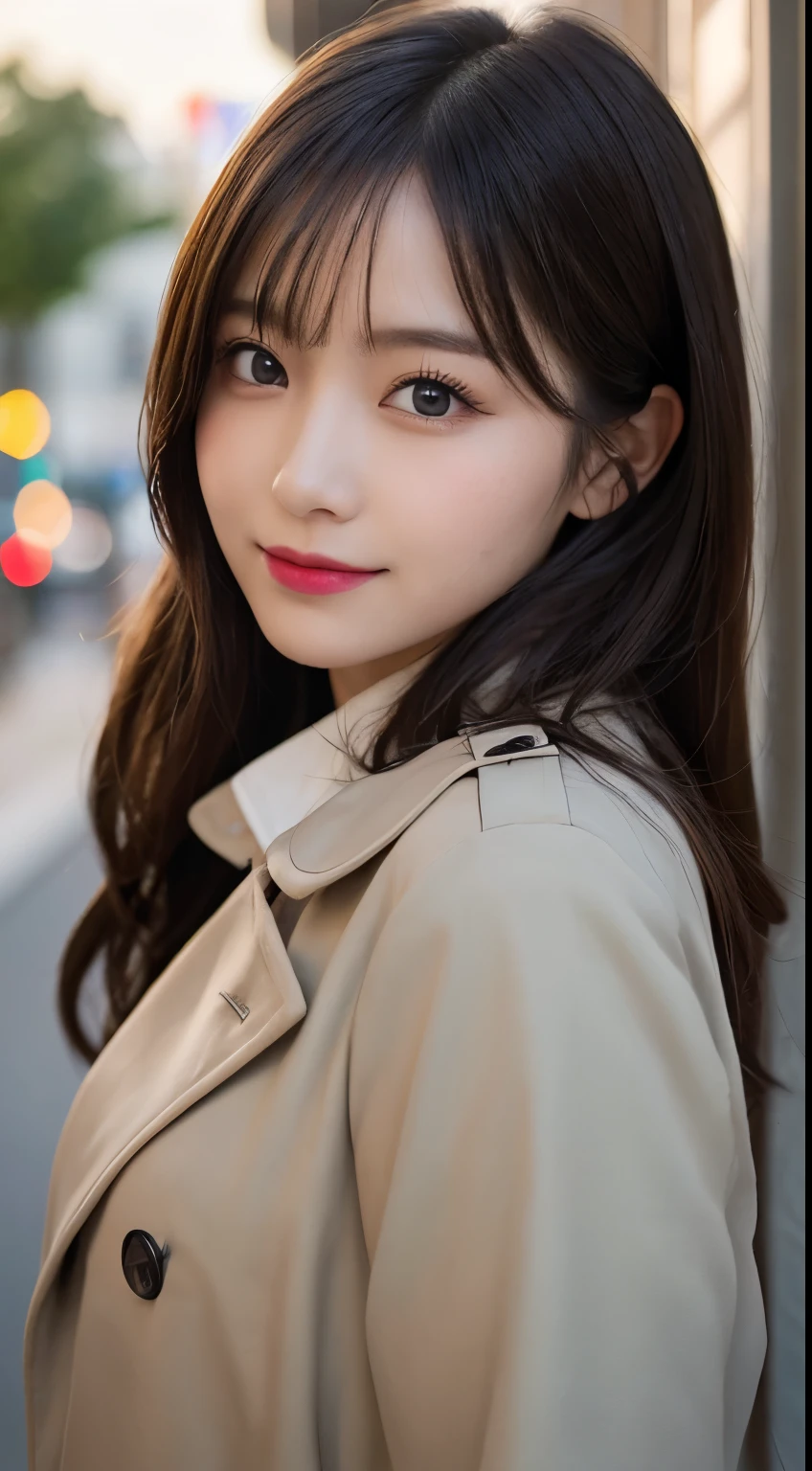 table top, highest quality, shape, Super detailed, finely, High resolution, 8k wallpaper, 完璧なダイナミックな構shape, beautiful and detailed eyes, Gorgeous black fluffy Tokyo winter clothes,ランダムなcute髪,,natural color lip, bold sexy pose,smile、20 year old girl、cute、sexy shot looking at camera,Always blur the background,perfect and beautiful face,Take only the face,Beautiful and dense face、slim face and style,Big eyes、Do gal makeup,small face,Wearing a luxury brand spring trench coat