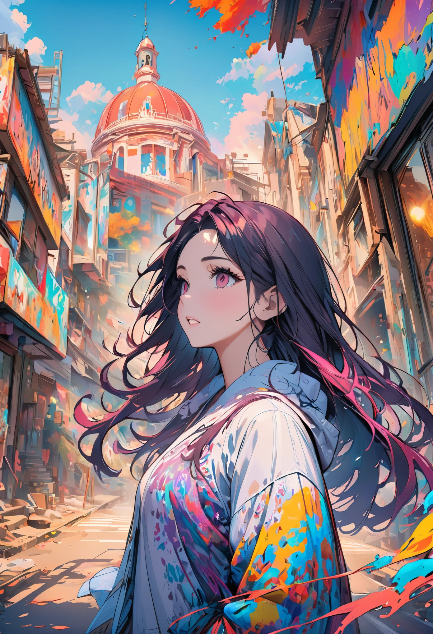 (best quality:1) , (masterpiece:1), (super detailed:1), 1 girl, (Julia Birch:1.4), 1 girl, (cover art, Abstract, Surrealism, comics, hair too long:1.3), (silver and colored hair, Red eyes:1.2), (Graffiti, street:1.1)