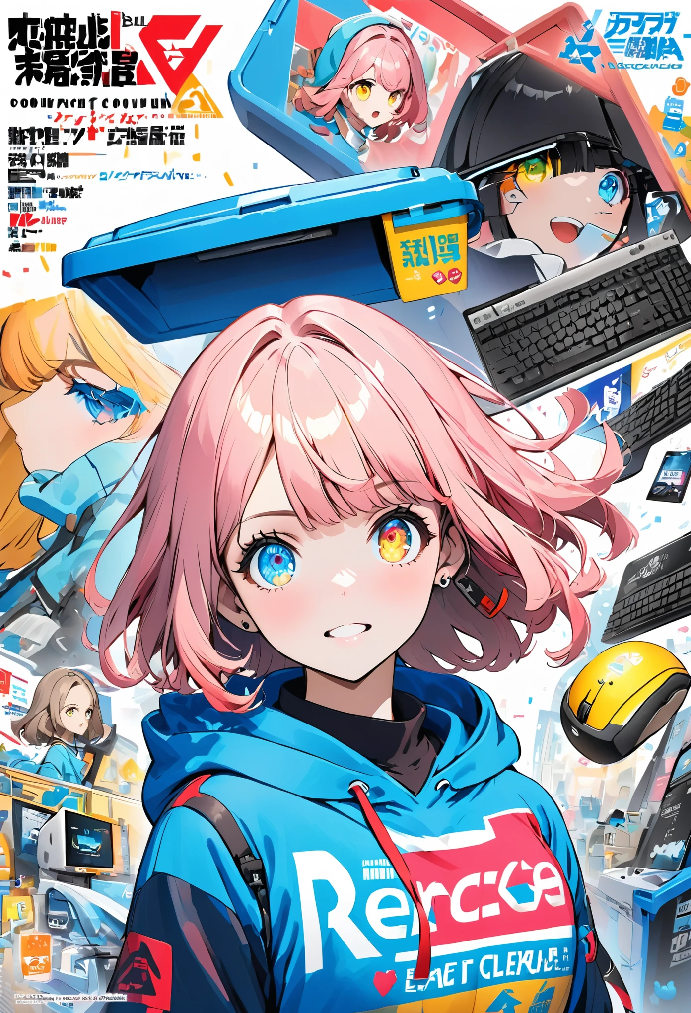 Mica Picazzo, 1 girl, blue eyes, blue hoodie, computer, earrings, hood, hoodie, jewelry, keyboard (), logo, logo parody, mouse (), colorful eyes, pink hair, recycle bin, alone, White background, yellow eyes, ,
