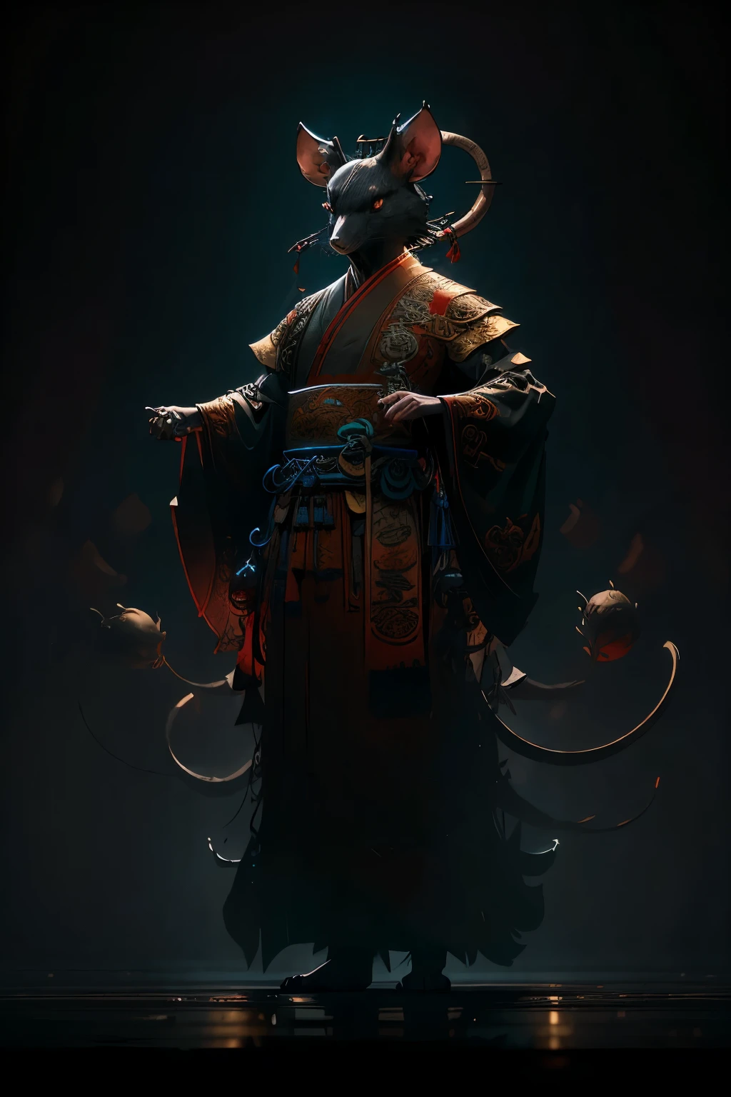 Full Length Shot: A captivating image of a rat anthropomorphism, embodying the wisdom of a shaman wizard in Chinese ink style. In this amazing epic Chinese ancient theme, the rat masterfully executes martial arts moves, infusing dynamic energy into the scene. This concept art, highly detailed and cinematic, portrays a Chinese fairy tale Come to life. Stunning, realistic lighting and shading add vibrant, vivid hues, enhancing the intricacies of the rat's flowing robes. With 8k resolution, Octane render, and Unreal Engine, this artwork showcases lifelike textures and a crisp, detailed rendering, while the Cryengine