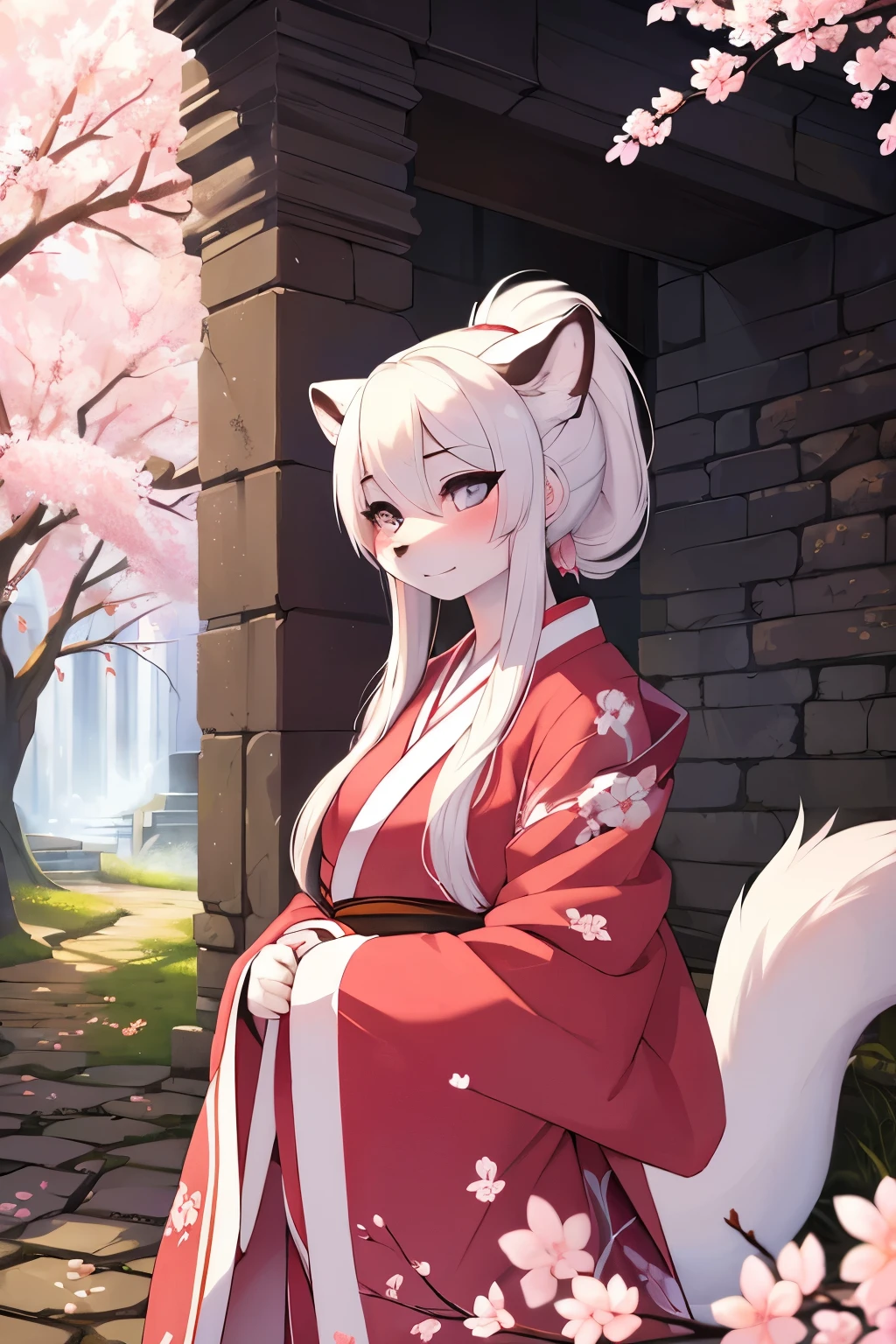 ((best quality, masterpiece, perfect anatomy, detailed picture)), furry, 1female, arctic ferret, sexy, long white hair, ponytail hair, grey eyes, black sclera, tail, kimono with cherry blossom flowers, red blushing, shy, in the ruins, portrait, illustration