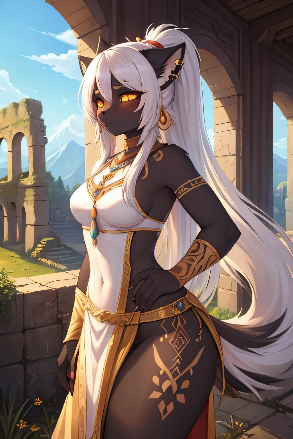 ((Best Quality, Masterpiece, perfect anatomy, detailed picture)), furry, 1woman, pantera, two tone skin, black body, gray fur, sexy, long white hair, ponytail hair, fluffy feline tail, yellow sclera, tribal tattoo, earrings, red blush, shy, in the ruins, portrait, illustration, gold necklace add_detail:1 ,gold bracelet add_detail:1, piercing in the navel, its silhouette has double exposure and the universe is observed add_detail:1, couple of lesbian 