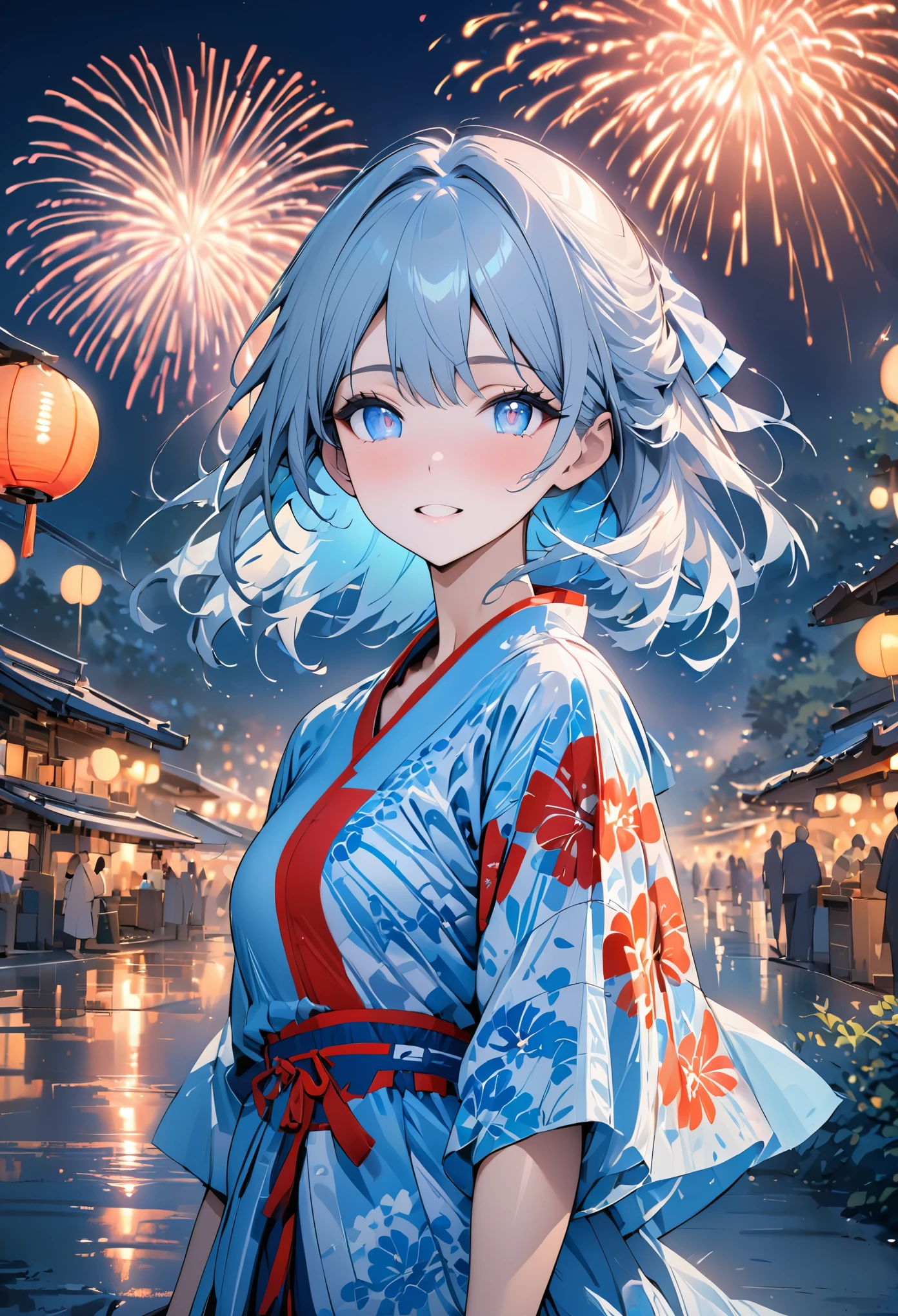 ((masterpiece, top quality, super clear, HD)), alone, beautiful girl, shining eyes, perfect eyes, ************, blue theme, yukata, fireworks