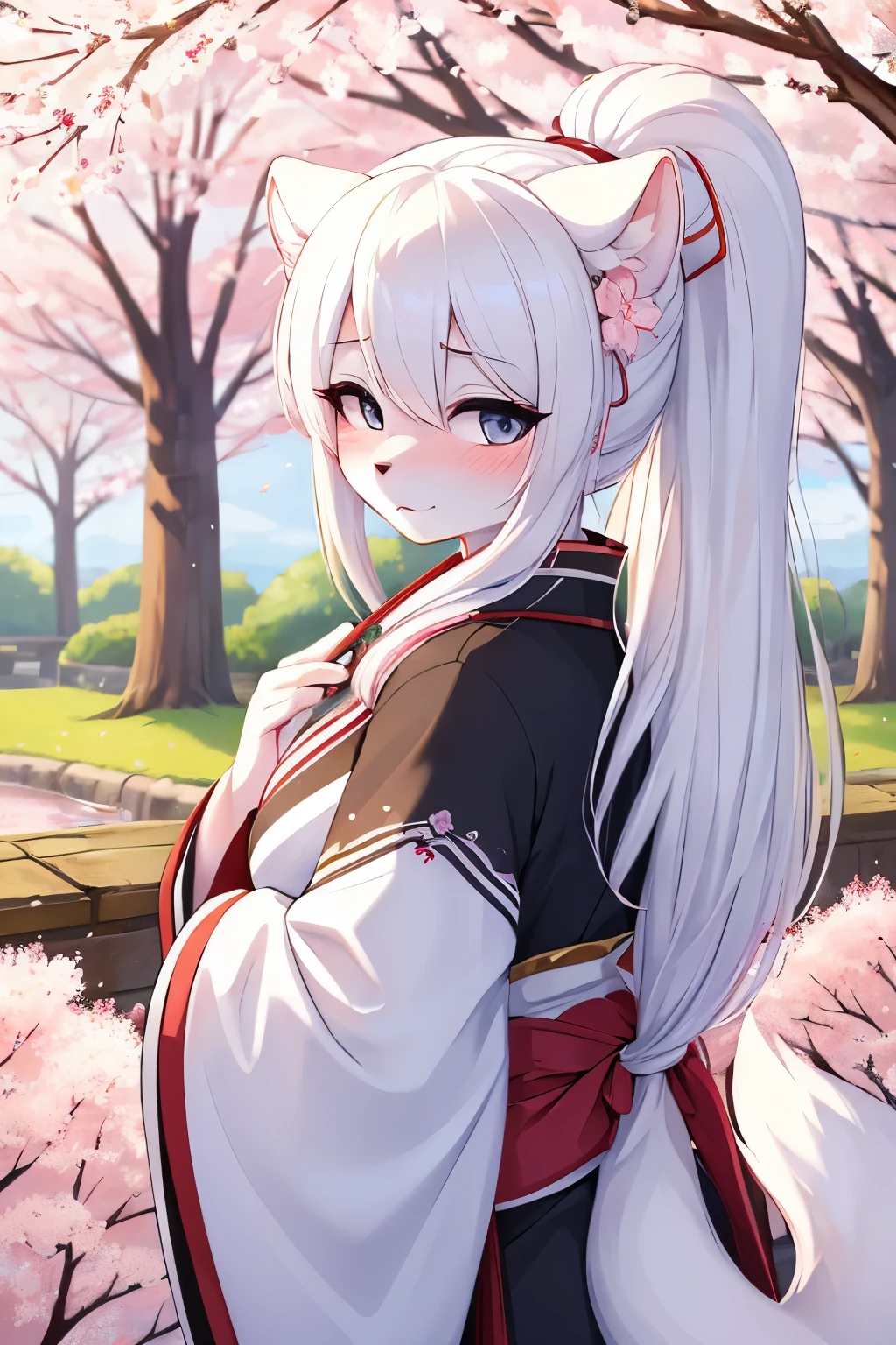 ((best quality, masterpiece, perfect anatomy, detailed picture)), furry, 1female, arctic ferret, sexy, long white hair, ponytail hair, grey eyes, black sclera, tail, kimono with cherry blossom flowers, red blushing, shy, in the cherry blossom trees, portrait, illustration