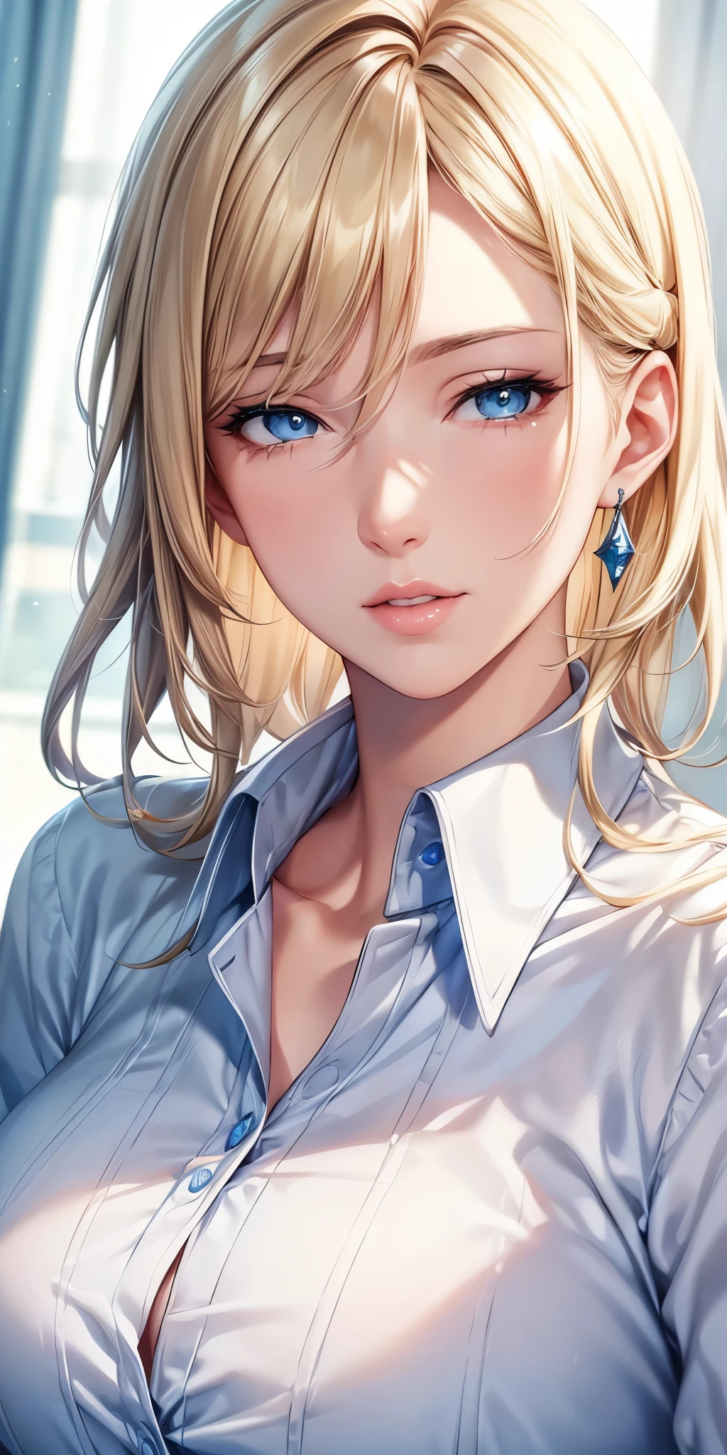 portrait, realistic, elegant mature woman, blue eyes, brown blonde hair, swept-side bang, 4k resolution, high quality cg, beautiful cg, soft light