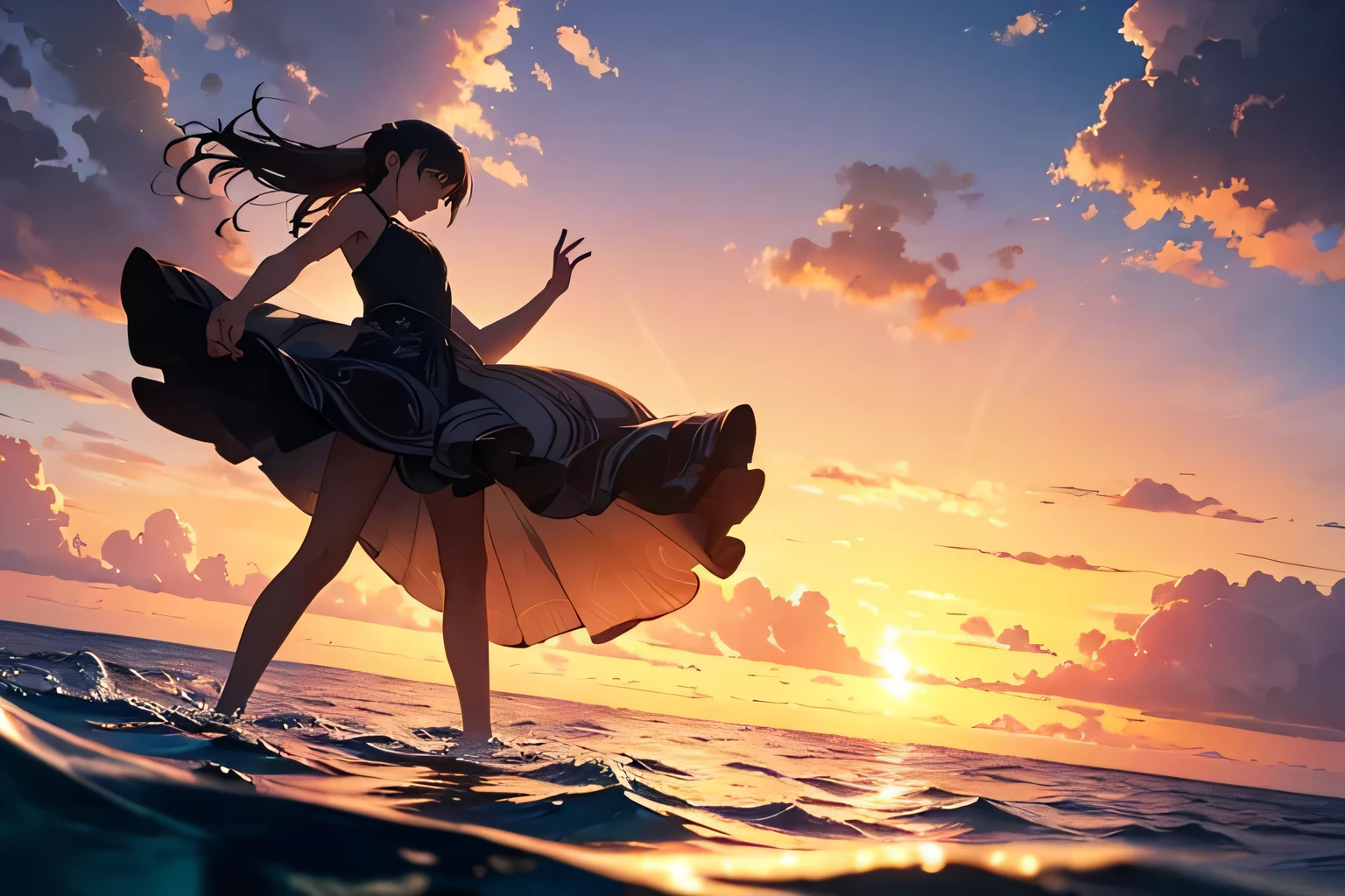 Makoto ShInkaI's world, concept art, anImatIon, gIrls dancIng on the surface of the sea, calm sea, At sea, I(n the mIddle of the ocean:1.3), rIpples, sunset, (best composItIon), (MasterpIece), (Best QualIty), (Ultra hIgh DetaIles), IntrIcate detaIls, IntrIcate detaIl texture