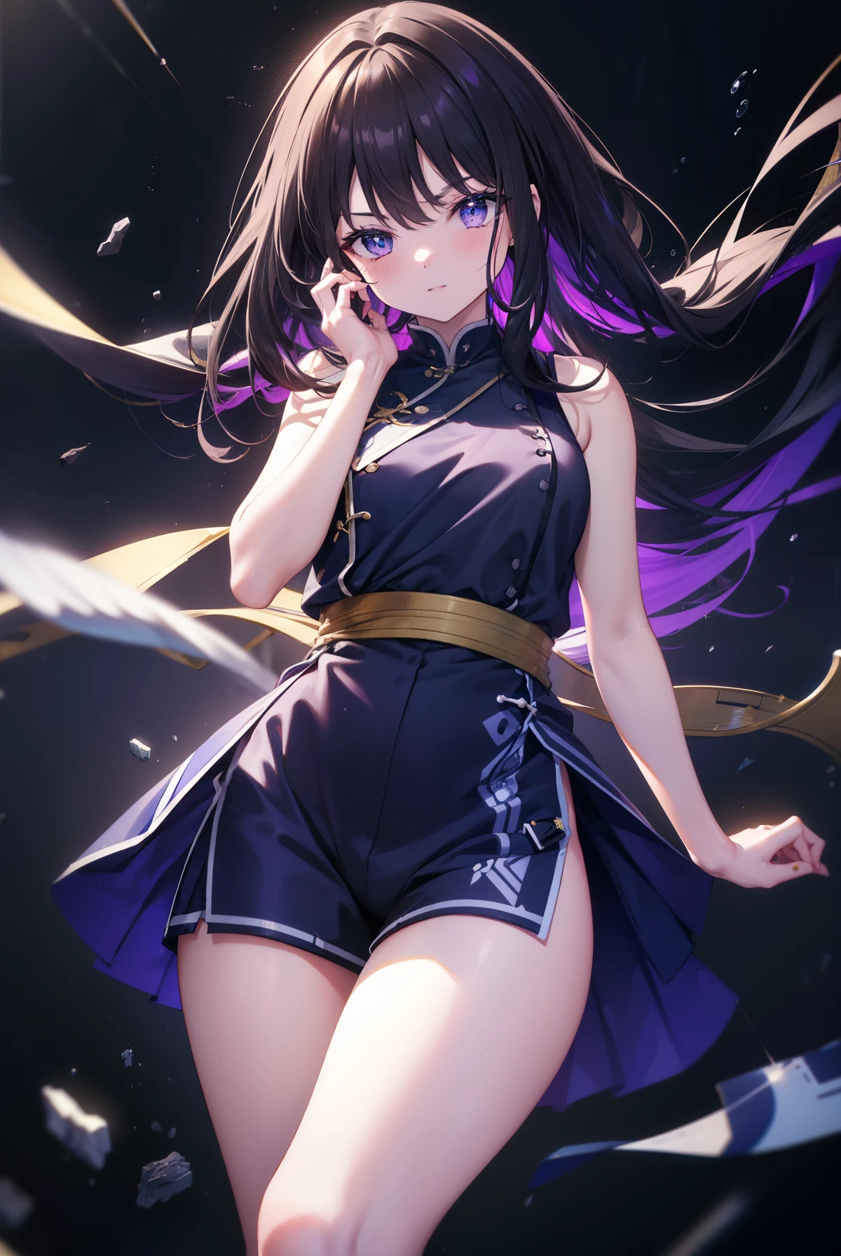 Takiuchi Kame, check it out, long hair, bangs, black hair, (purple eyes:1.2),serious,smile,blush,open your mouth,blue sleeveless cheongsam,Blue shorts,black pantyhose,white short boots,
break oudoors, In town、路地裏
break looking at viewer, (cowboy shot:1.5),
break (masterpiece:1.2), highest quality, High resolution, unity 8k wallpaper, (figure:0.8), (detailed and beautiful eyes:1.6), highly detailed face, perfect lighting, Very detailed CG, (perfect hands, perfect anatomy),