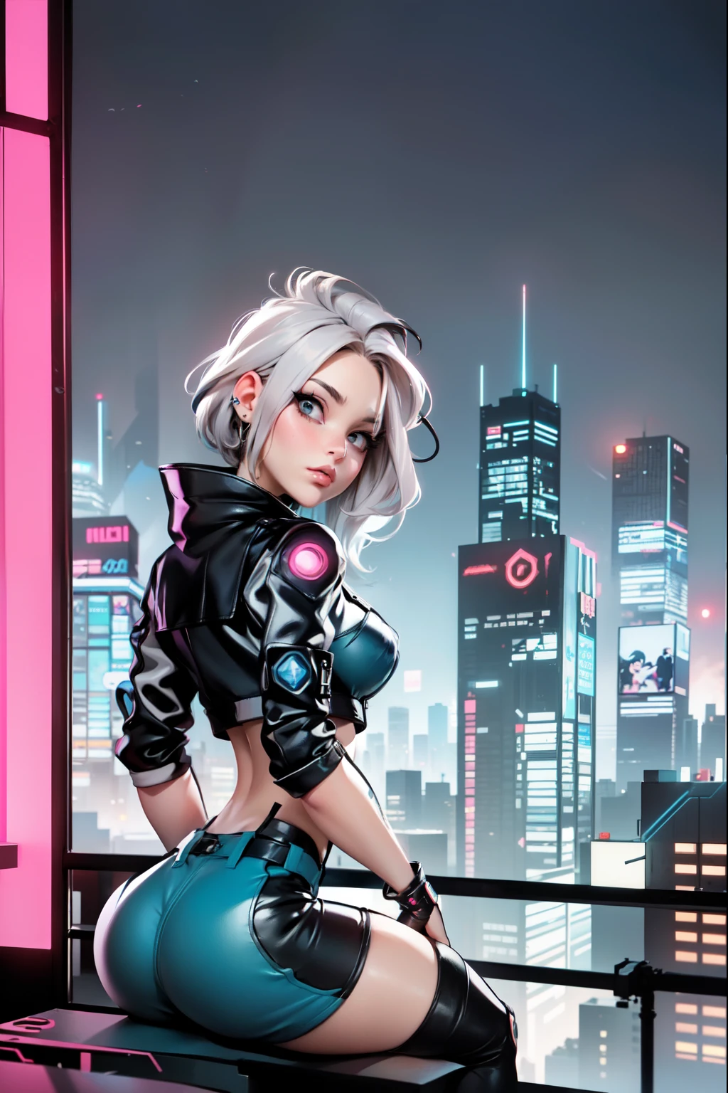 a cartoon of a woman in a black jacket and blue shorts sitting on a ledge, cyberpunk femme fatale, cyberpunk art style, modern cyberpunk anime, cyberpunk comic cover art, cyberpunk artstyle, cyberpunk girl, in cyberpunk city, more and more cyberpunk, in cyberpunk style, cyberpunk hero, digital cyberpunk anime art, cyberpunk jackie welles, modern cyberpunk, cyberpunk vibe