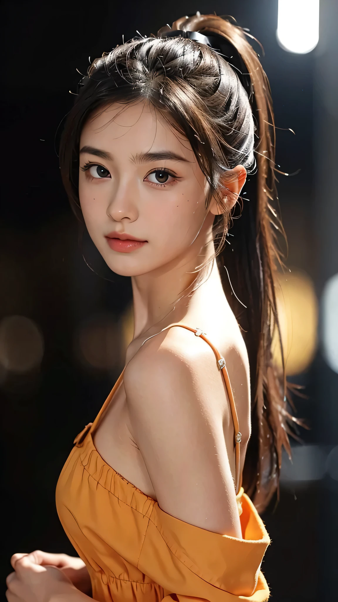 One woman,fully body photo,masutepiece, The highest image quality, High quality, the background is clear,Beautiful woman, Japanese, Detailed, Detailed eyes, Detailed skin, Beautiful skin, 超hight resolution, (reality: 1.4),Very beautiful woman, Slightly younger face, Beautiful skin, slender, (Ultra photo realsisim), (hight resolution), (8K), (Very detailed) (beautifully detailed eyes), (super detailed), (Detailed face), view the viewer, Fine details, Detailed face, Staring straight ahead, Staring straight ahead, photos realistic, Bright lighting, Professional Lighting, Black hair,poneyTail,a baby face,sixteen years old,Hairstyle is ponytail,long ponytail hairstyle,slight smile,Orange colored long dress with lots of ruffles, softly shaped skirt,the street europian,standing on stage,