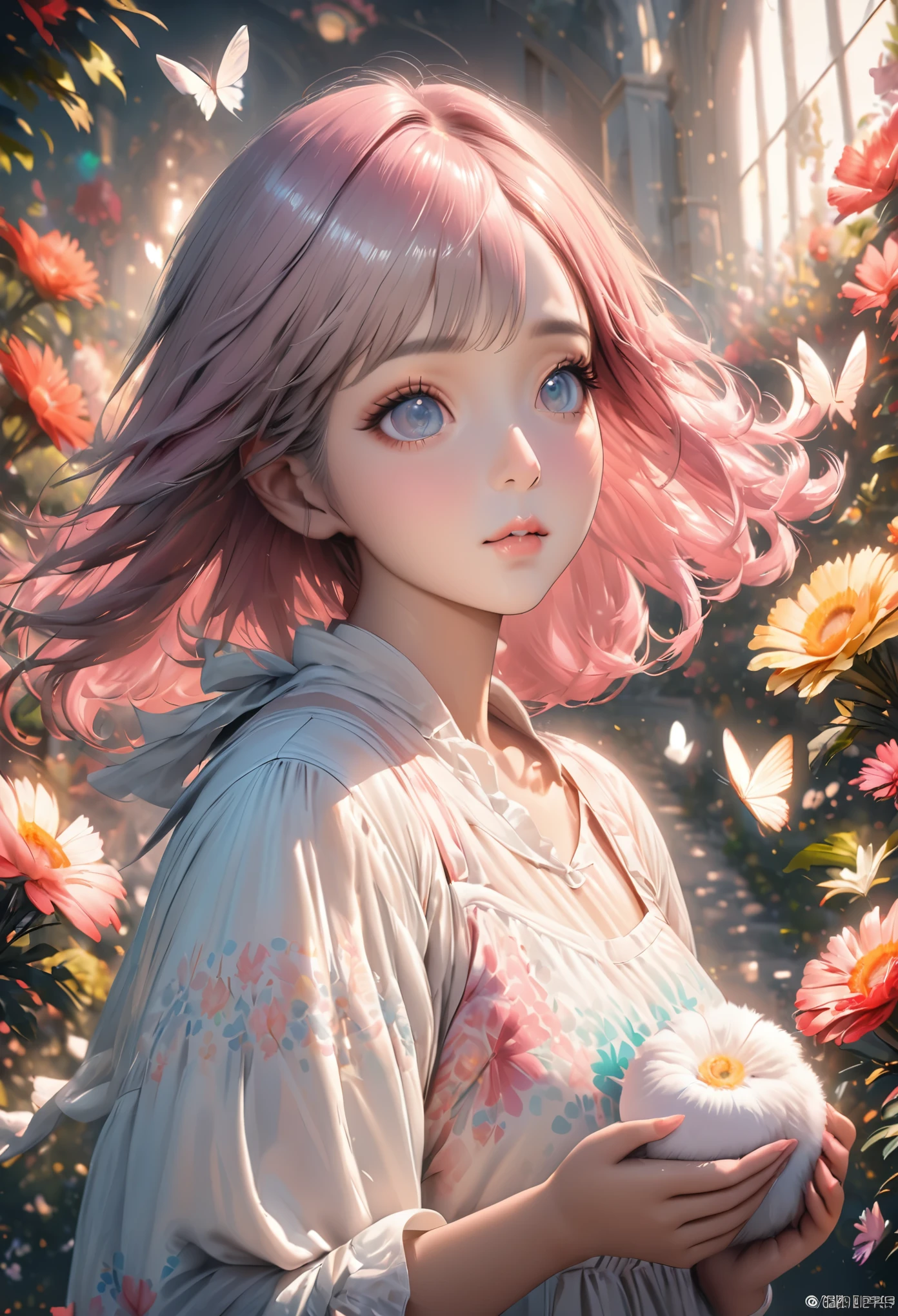 detail, realism, 4K, girl, facial details, big eyes, plump lips, upturned nose, Gray hair and pink hair, Wearing a white dress, She is holding a rabbit in her hand, flowers in background, white butterfly in foreground, real shooting, depth of field, Soft headlight, glow, high dynamic range (pastel colors: 1.2), Canon RF 100mm F2.8L Macro IS USM