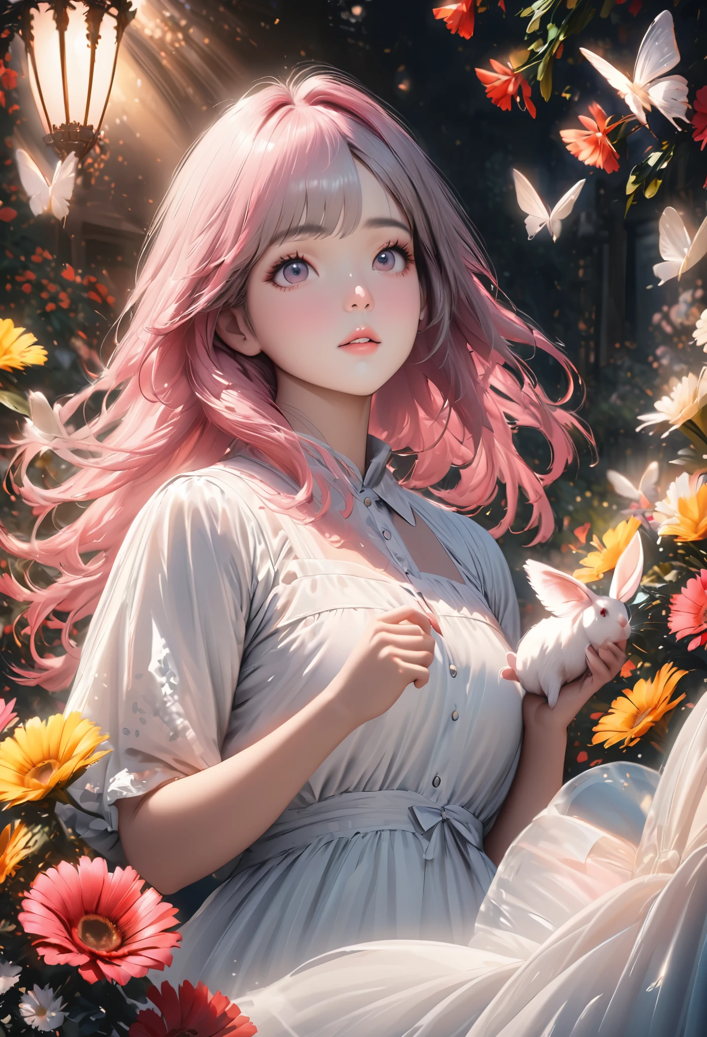 detail, realism, 4K, girl, facial details, big eyes, plump lips, upturned nose, Gray hair and pink hair, Wearing a white dress, She is holding a rabbit in her hand, flowers in background, white butterfly in foreground, real shooting, depth of field, Soft headlight, glow, high dynamic range (pastel colors: 1.2), Canon RF 100mm F2.8L Macro IS USM