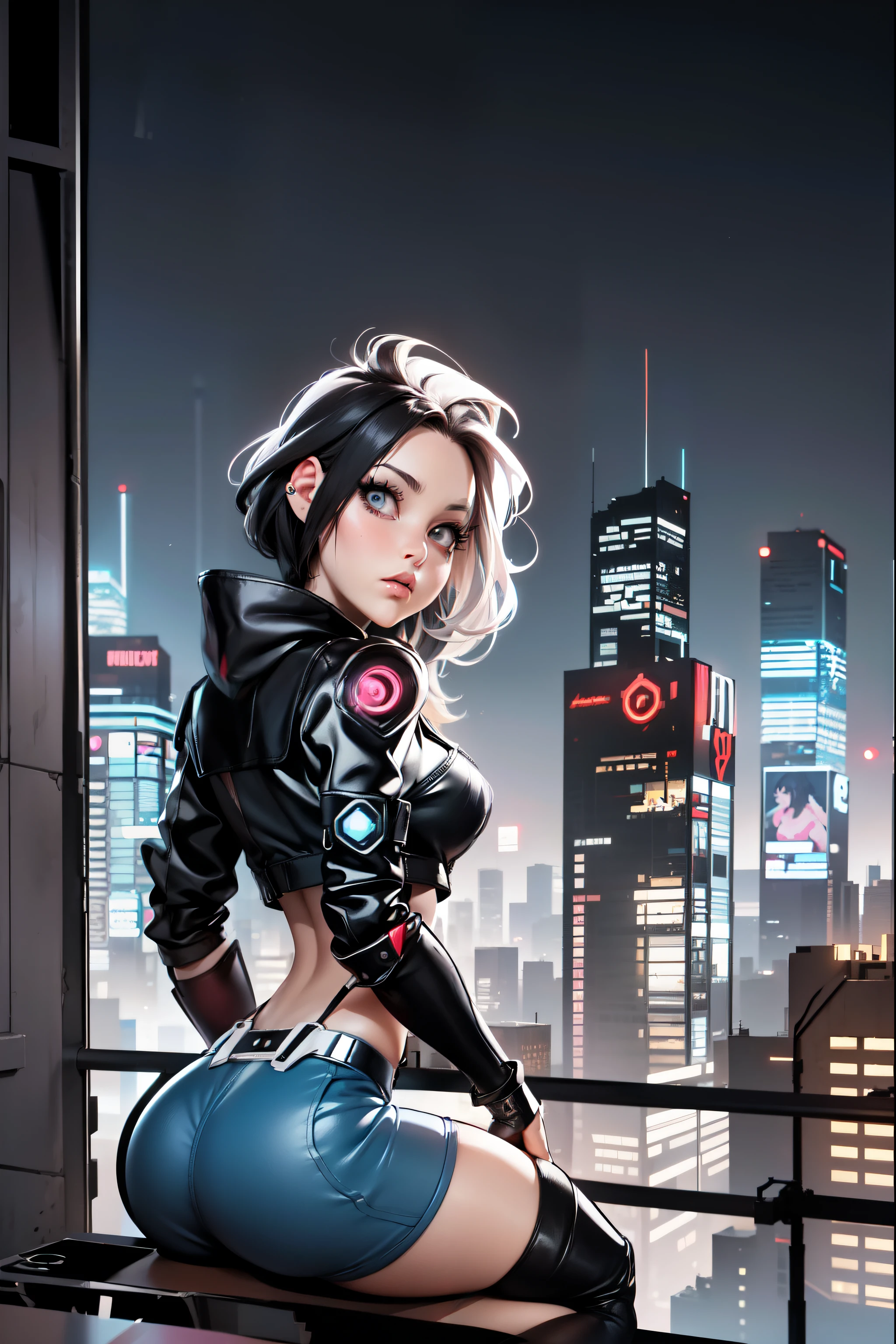 a cartoon of a woman in a black jacket and blue shorts sitting on a ledge, cyberpunk femme fatale, cyberpunk art style, modern cyberpunk anime, cyberpunk comic cover art, cyberpunk artstyle, cyberpunk girl, in cyberpunk city, more and more cyberpunk, in cyberpunk style, cyberpunk hero, digital cyberpunk anime art, cyberpunk jackie welles, modern cyberpunk, cyberpunk vibe