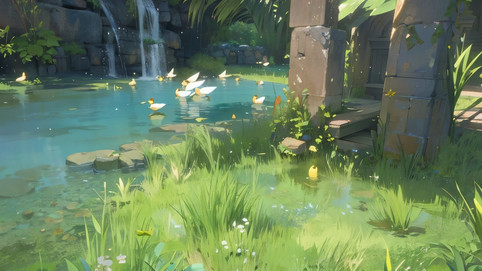 there are many ducks swimming in a pond of water, sword stuck in a pond island, final fantasy 1 4 screenshot, video game screenshot>, final fantasy 14 style, pc screenshot, epic coves crashing waves plants, abzu, lush oasis, lalafell, near crystal temple in atlantis, beautiful screenshot, submerged temple scene, gameplay still