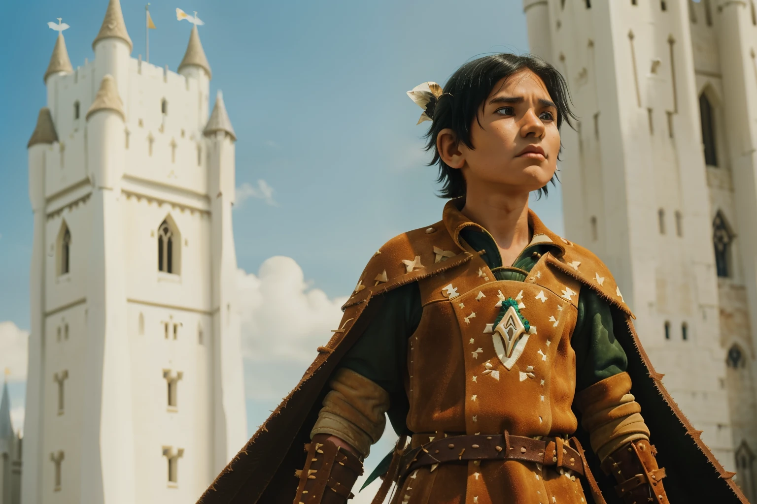 Fairytale Kingdom of Fantasia. Outside the ((((white ivory tower)))), close-up of ((((10-year-old)) Atreyu)), olive green skin, tall, athletic, brave, wise, ((grief expression)), wielding a sword defiantly. ((((suede and leather indigenous clothings)))), ((blueish-black hairstyle)). 