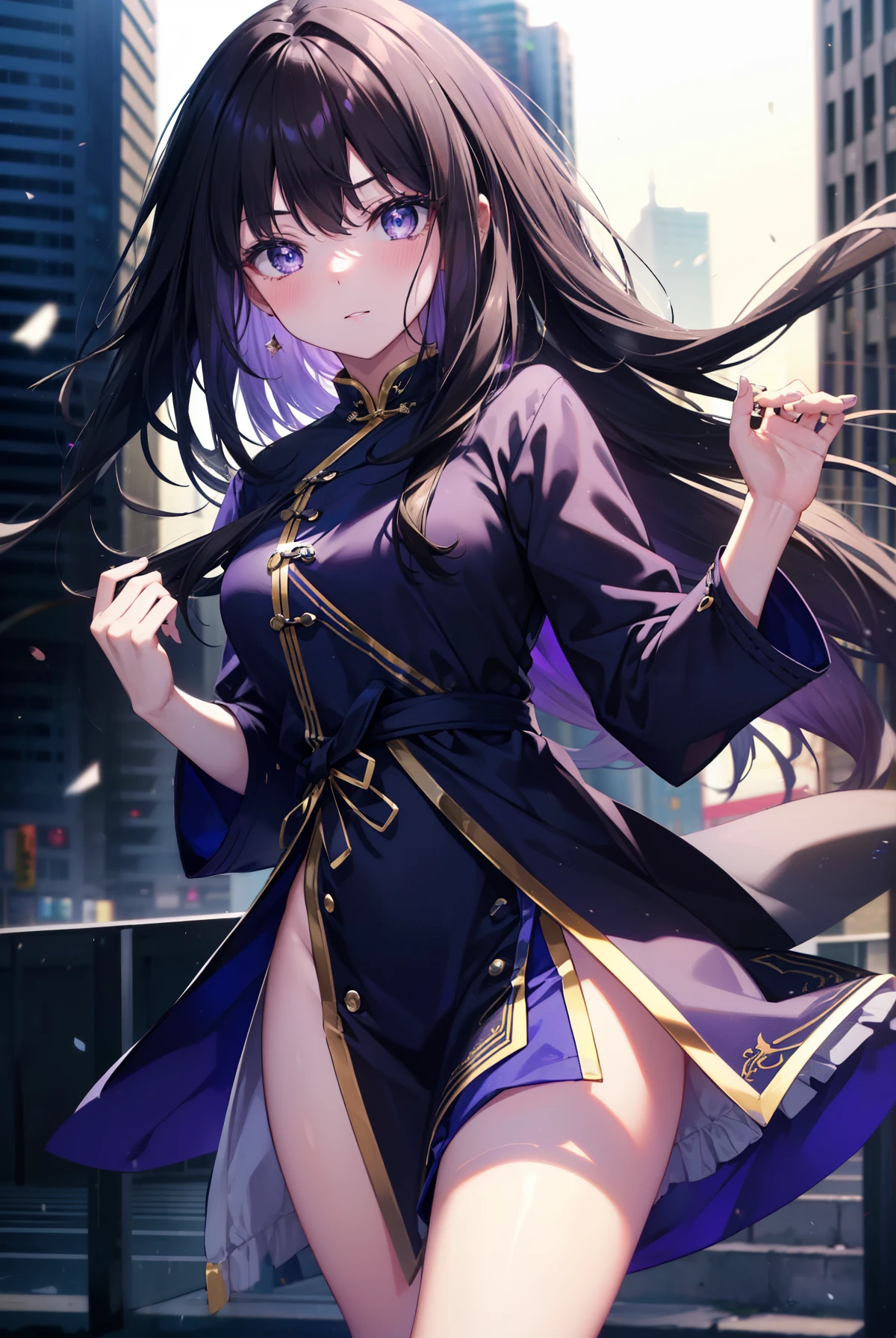 Takiuchi Kame, check it out, long hair, bangs, black hair, (purple eyes:1.2),serious,smile,blush,open your mouth,blue cheongsam,blue china slit,black pantyhose,stiletto heels,
break outdoors, In town、路地裏
break looking at viewer, (cowboy shot:1.5),
break (masterpiece:1.2), highest quality, High resolution, unity 8k wallpaper, (figure:0.8), (detailed and beautiful eyes:1.6), highly detailed face, perfect lighting, Very detailed CG, (perfect hands, perfect anatomy),
