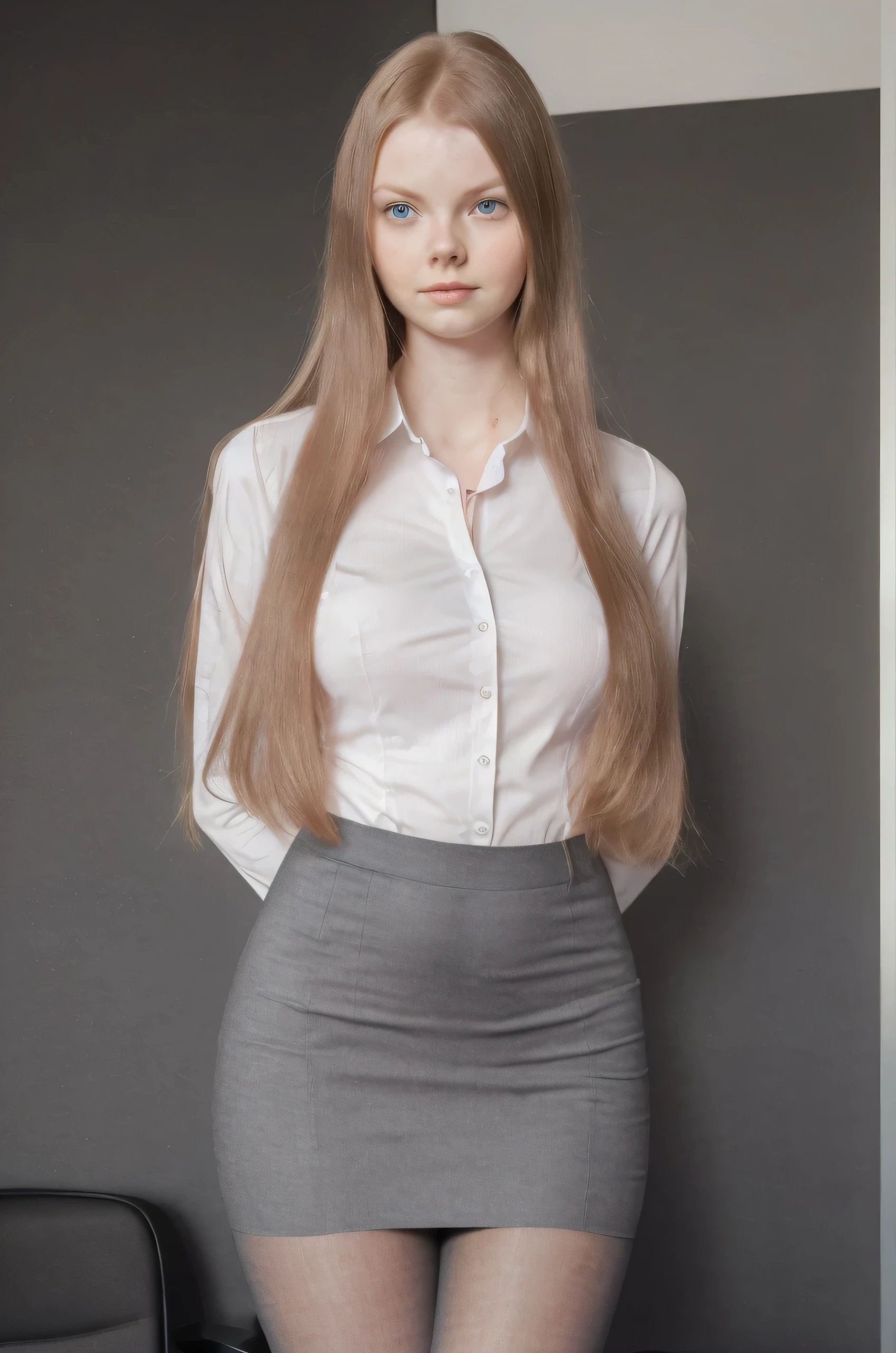 ((Nell Hudson, tall office girl, 16 years old, long hair, ultra skinny, legwear, oben ohne)), Brille, ultra-detailliert, ultra realistisch, RAW-Foto, Meisterwerk, crazy details, showing titts, c-cup,