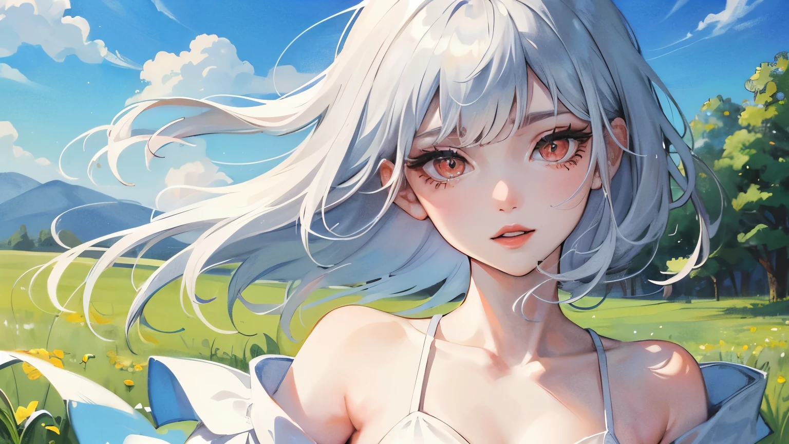 young girl　silver hair　short hair　red eyes　irreverent face　look down　thin body　thin thighs　small breasts　small ass　toned body　blue sky　cloud　hair blowing in the wind　high quality　High resolution　8K　vampire　watercolor　natural feel　bridge of the nose　((最high quality)), ((masterpiece)), (get used to it), dignified face　grassland　close up of face　Beautiful as a goddess　whole face　lipstick　eye shadow　naked 　ID photo style　long eyelashes　Accurate　No decoration　Bare skin　　No accessories　全naked　8 life size　can&#39;I can&#39;I can&#39;I can&#39;I can&#39;t see the nipples　landscape　swimsuit