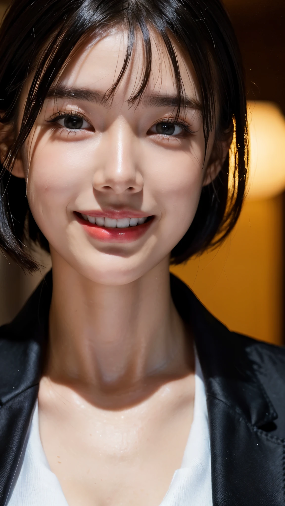 cute 26 year old,1 girl,slim face ,8K,Super realistic image quality,dynamic shadow,sparkling eyes,Clear black eyes,movie theater lighting,dark back alley,night,Darkness of the city,business suit, ((face close up:1.5)),((A smile showing white teeth)),((short hair)),((very short bangs)),close, 8K, Raw photo, highest quality, masterpiece,realistic, photo-realistic,