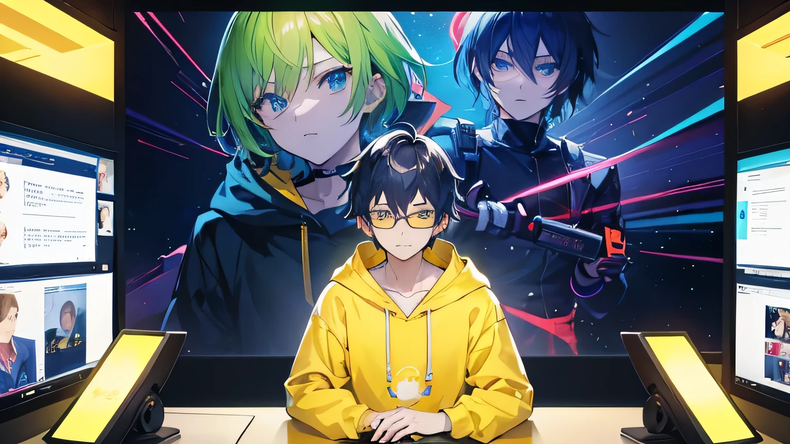 geeky smart anime man talking wearing a yellow hoodie.he is sitting behind a laptop and microphone,looking left to camera,left centered character portrait,character in middle,cool background with red,green and blue lights,square big screen showing anime wallpapers on right side