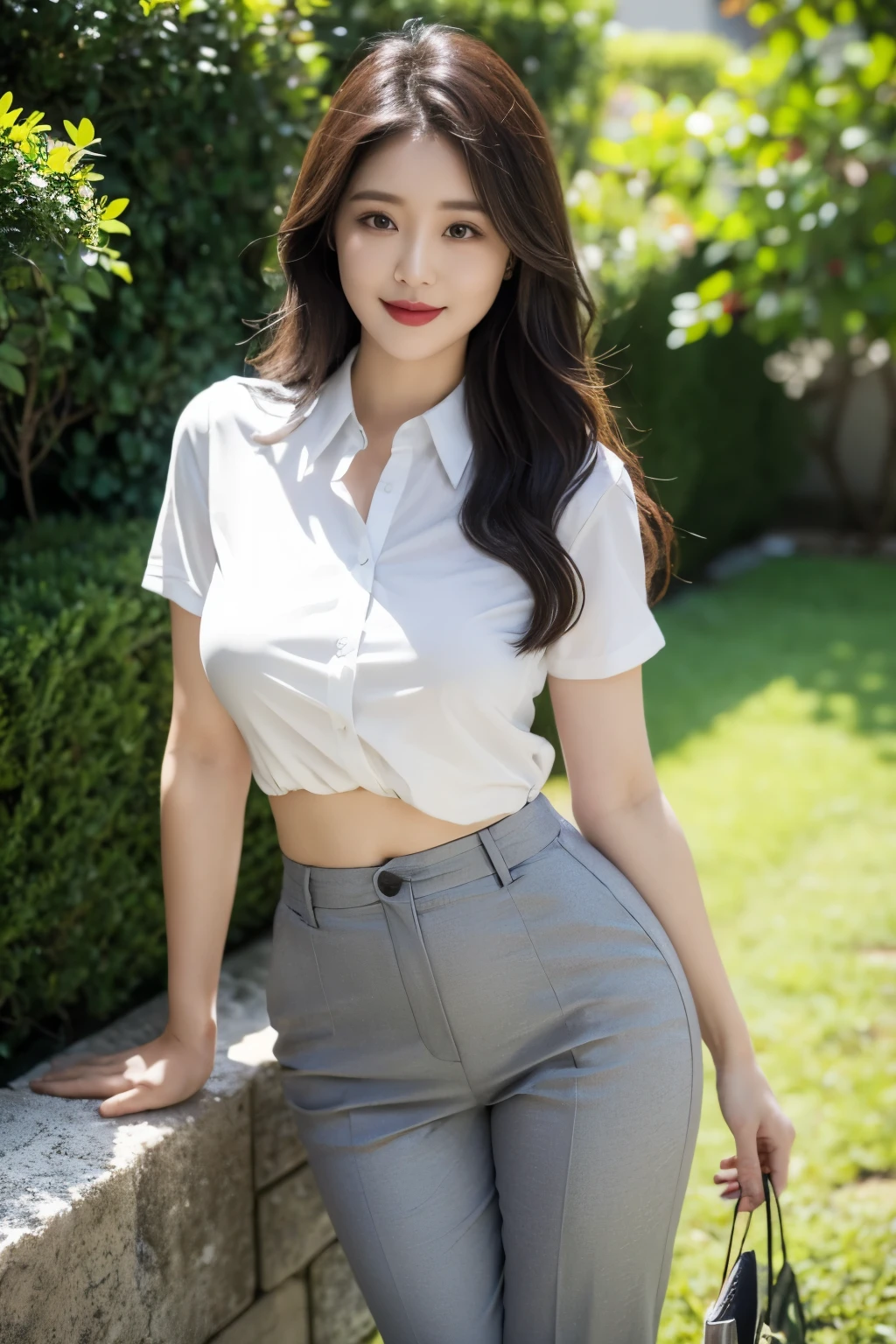 Draw lips correctly, red lipstick, from chest up, best quality, Super detailed, lifelike, Super fine skin, perfect anatomy, (1 日本Mature的女人), (alone),wear white shirt,Buttons clearly visible。short sleeve,gray pants, wavy long hair,37-year-old female,Mature,charming smile,garden background,stand,Leg length,Chubby,Big breasts,stand up,full-body shot