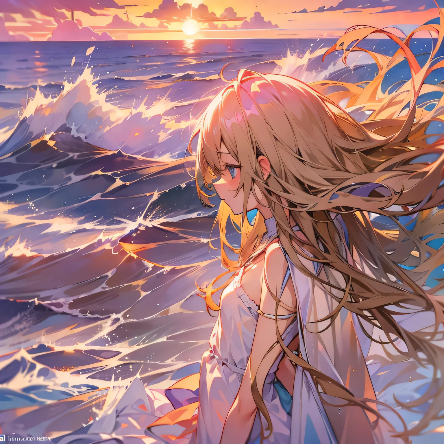 "Halten Sie einen ergreifenden Moment fest, inspired by the legendary anime Elfen Lied, wo die Sonne hinter dem Horizont verschwindet, casts a warm glow over the calm sea. Amidst the gentle lapping of the waves on the shore, evoke the bittersweet essence of the series, as the characters reflect on their turbulent journey and the complexities of their existence. Lassen Sie das verblassende Licht sowohl Hoffnung als auch Melancholie symbolisieren, invites the spectators, in die emotionale Tiefe dieser unvergesslichen Geschichte einzutauchen."