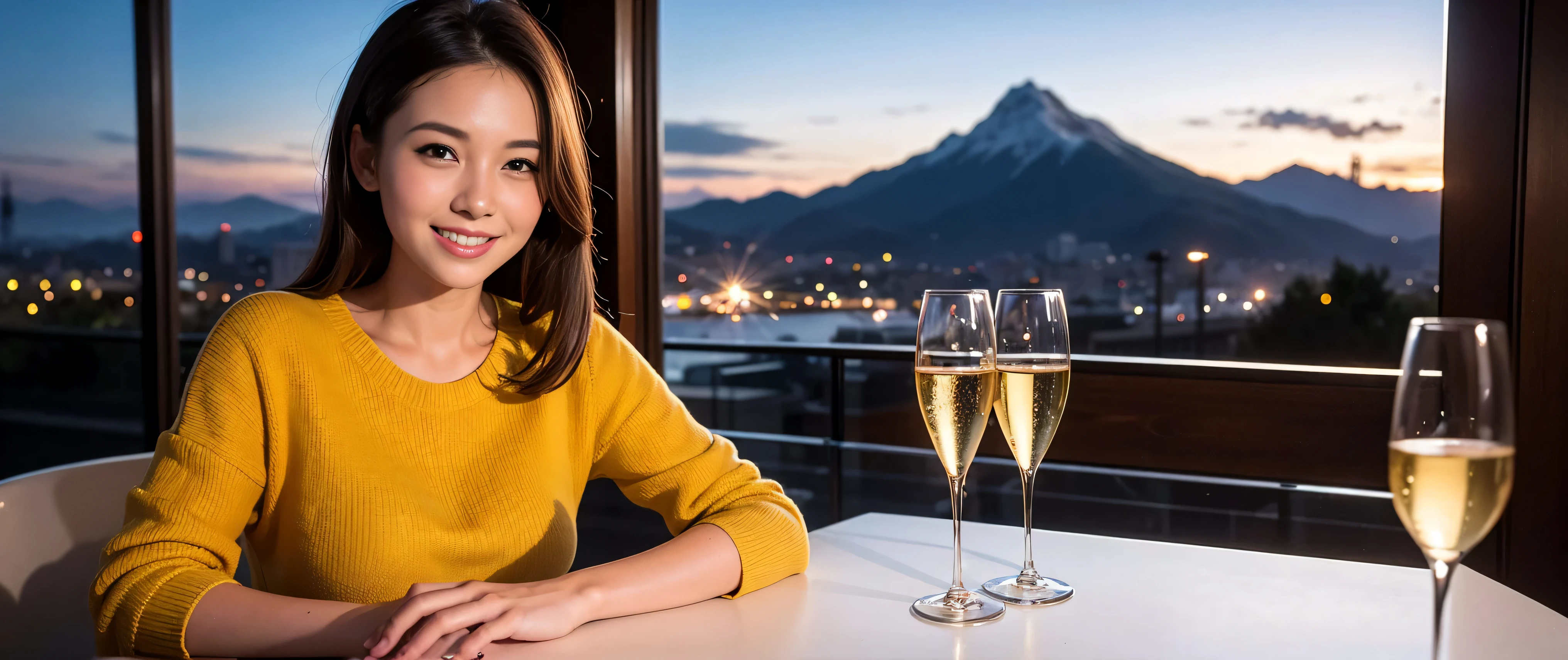 K, Hmm, highest quality, masterpiece: 1.2), (realistic, photorealistic: 1.37), Spectacular view of the sunset sky and clouds、Amazing mountain views、3 slim beauties, (slim face),Happy、 the best smile、Fox face、Berry Short、(because I'thin), (brown hair), (shortcut), long sleeve shirt、winter fashion、Colombian、Brazilian、Japanese、Dutch、German、Portuguese、Belgian、Italian、French,Champagne、sparkling wine、 (squirt), (slim body), (brown hair), (shortcut), neat beauty、cheeks turn a little red, (35 years old), 38 years old, alone, A beautiful and detailed night view spreads out outside the window....., restaurant, wine glass is sitting, At night, in a prominent place (from the Upper body) nova frog style, actress, model, Upper body, White wine, slim, wine glass, Very beautiful night view, wine glass Put in the Middle, Happy smile, (smile: 1.15),