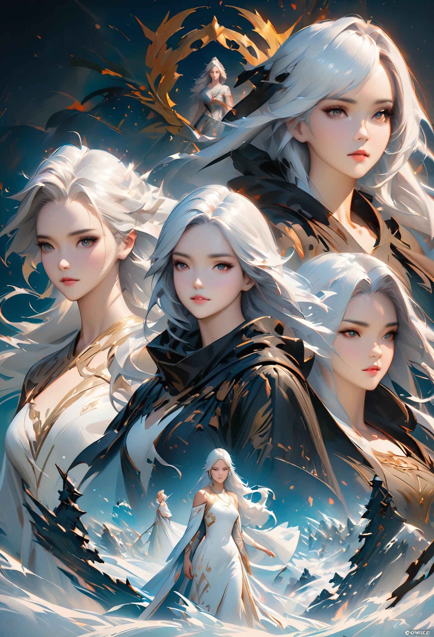 Close-up of a woman with white hair and a black scarf, Portraits of Yang Jie, Pixiv Contest Winners, fantasy art, White-haired God, beautiful figure painting, guweiz style artwork, Snow woman’s sharp gaze, guweiz, with long white hair, with white hair, flowing hair and gown
