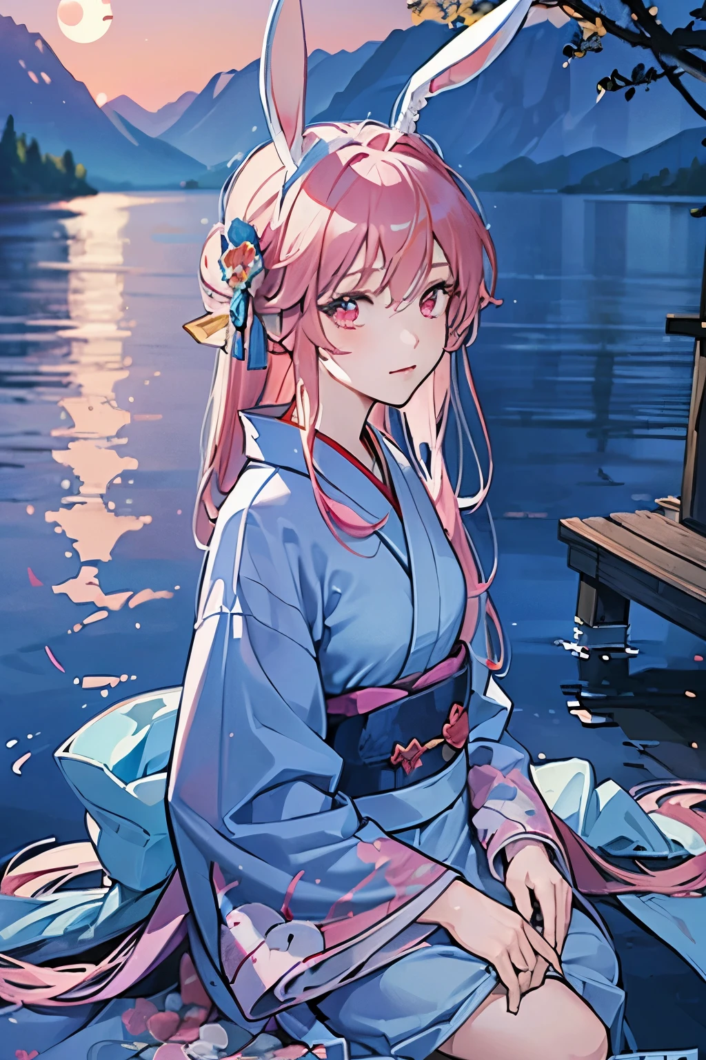 (((masterpiece, scenery, lake))), japanese gate in lake, reflection, (((aesthetic))), 1girl, beautiful, ((light blue kimono)), (red eyes, vibrant pink long hair), tsundere, (bunny ears), (close-up angle), night sky, (moonlight), shooting star, girl looking at viewer