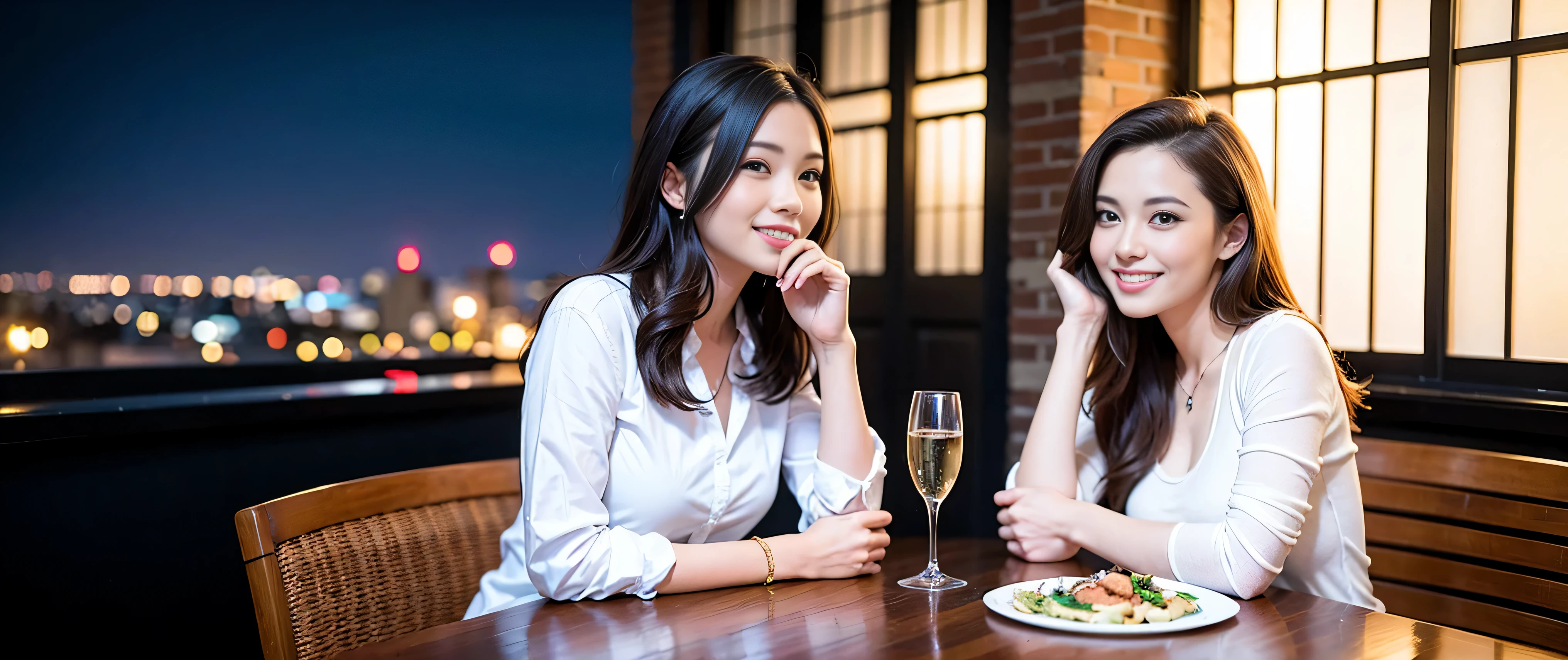 K, Hmm, highest quality, masterpiece: 1.2), (realistic, photorealistic: 1.37), Super detailed, 3 slim beauties, (slim face),Happy、 the best smile、Fox face、Berry Short、(because I'thin), (brown hair), (shortcut), long sleeve shirt、winter fashion、Colombian、Brazilian、Japanese、Dutch、German、Portuguese、Belgian、Italian、French,Champagne、sparkling wine、 (squirt), (slim body), (brown hair), (shortcut), neat beauty、cheeks turn a little red, (35 years old), 38 years old, alone, A beautiful and detailed night view spreads out outside the window....., restaurant, wine glass is sitting, At night, in a prominent place (from the Upper body) nova frog style, actress, model, Upper body, White wine, slim, wine glass, Very beautiful night view, wine glass Put in the Middle, Happy smile, (smile: 1.15),