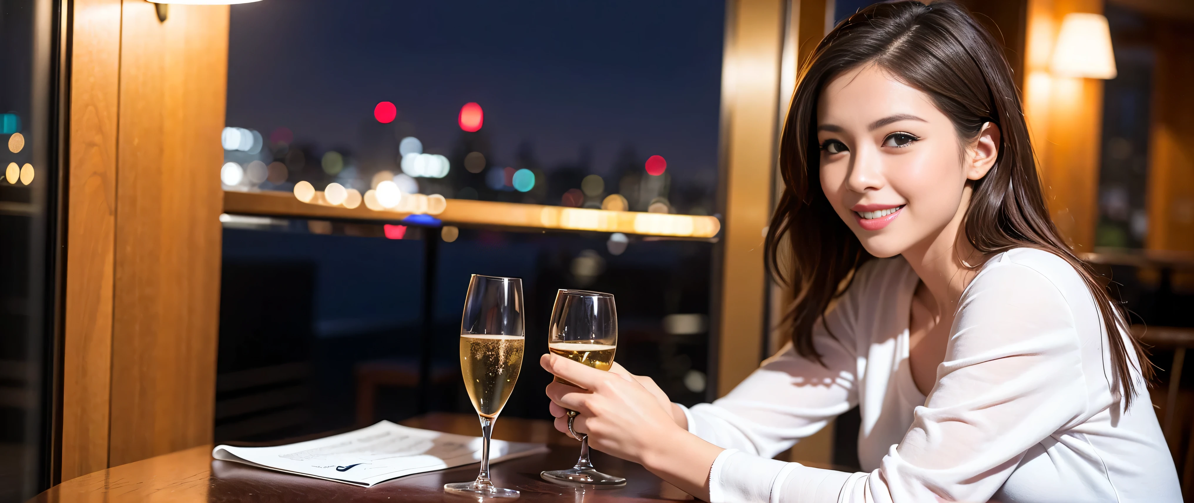 K, Hmm, highest quality, masterpiece: 1.2), (realistic, photorealistic: 1.37), Super detailed, 3 slim beauties, (slim face),Happy、 the best smile、Fox face、Berry Short、(because I'thin), (brown hair), (shortcut), long sleeve shirt、winter fashion、Colombian、Brazilian、Japanese、Dutch、German、Portuguese、Belgian、Italian、French,Champagne、sparkling wine、 (squirt), (slim body), (brown hair), (shortcut), neat beauty、cheeks turn a little red, (35 years old), 38 years old, alone, A beautiful and detailed night view spreads out outside the window....., restaurant, wine glass is sitting, At night, in a prominent place (from the Upper body) nova frog style, actress, model, Upper body, White wine, slim, wine glass, Very beautiful night view, wine glass Put in the Middle, Happy smile, (smile: 1.15),