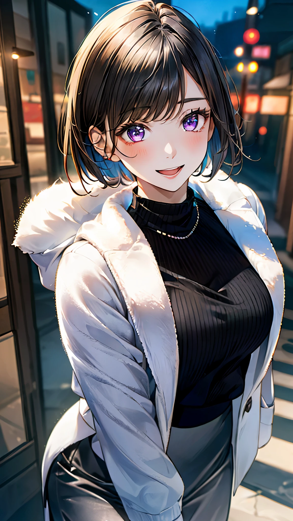 (masterpiece:1.3, top-quality, ultra high res, ultra detailed), (realistic, photorealistic:1.4), beautiful illustration, perfect lighting, natural lighting, colorful, depth of fields,
beautiful detailed hair, beautiful detailed face, beautiful detailed eyes, beautiful clavicle, beautiful body, beautiful chest, beautiful thigh, beautiful legs, beautiful fingers,
looking at viewer, 1 girl, japanese, high school girl, perfect face, (perfect anatomy, anatomically correct), cute and symmetrical face, face, , shiny skin,
(short hair:1.5, pixie cut:1.4, brown hair), swept bangs, cliped bangs, dark purple eyes, long eye lasher, (medium breasts), slender,
(((long sleeve lightcoral fur jacket, round-neck black sweater, silver tight skirt)), , ,
(beautiful scenery), evening, (downtown), standing, hands on chest, (seductive smile, open mouth),