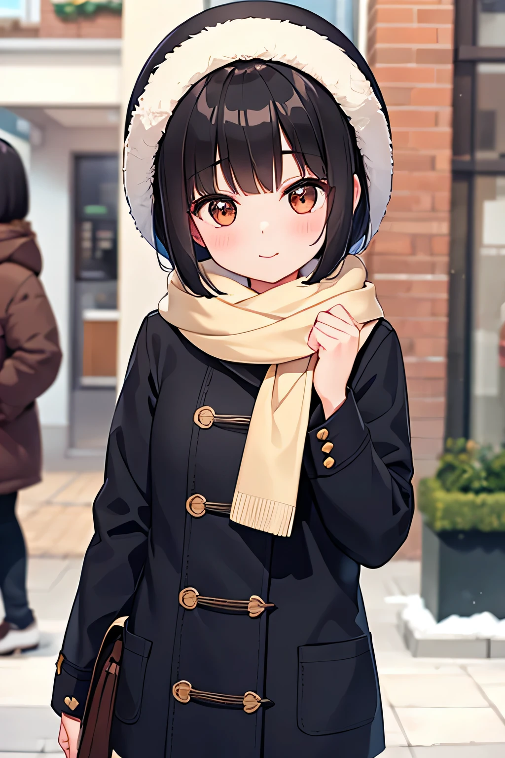 A girl named Xiaoli，Qi bangs，bob black hair brown eyes，wearing winter clothes