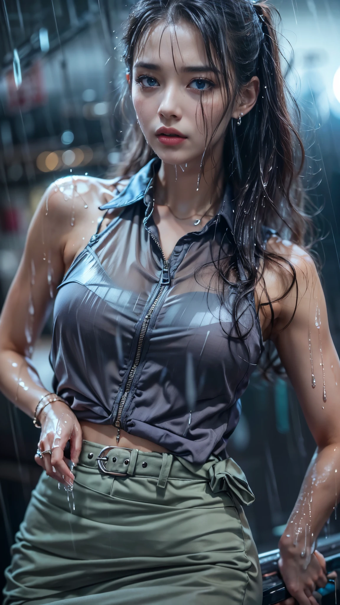 (RAW shooting, Photoreal:1.5, 8K, highest quality, masterpiece, ultra high resolution), perfect dynamic composition:1.2, street corner at night, expression of sadness:1.3, (((Typhoon heavy rain))), Highly detailed skin and facial textures:1.2, Slim office lady wet in the rain:1.3, sexy beauty:1.1, perfect style:1.2, beautiful and aesthetic:1.1, Fair skin, very beautiful face, water droplets on the skin, (rain drips all over my body:1.2, wet body, wet hair:1.4, wet office tight skirt:1.2, wet office lady uniform:1.3), belt, (Medium chest, bra is see-through, Chest gap), (cry, lovelorn, The expression on your face when you feel intense caress, Facial expression when feeling pleasure), (beautiful blue eyes, Eyes that feel beautiful eros:0.8), (Too erotic:0.9, Bewitching:0.9), cowboy shot, Shoulder bag, necklace, earrings, bracelet, clock