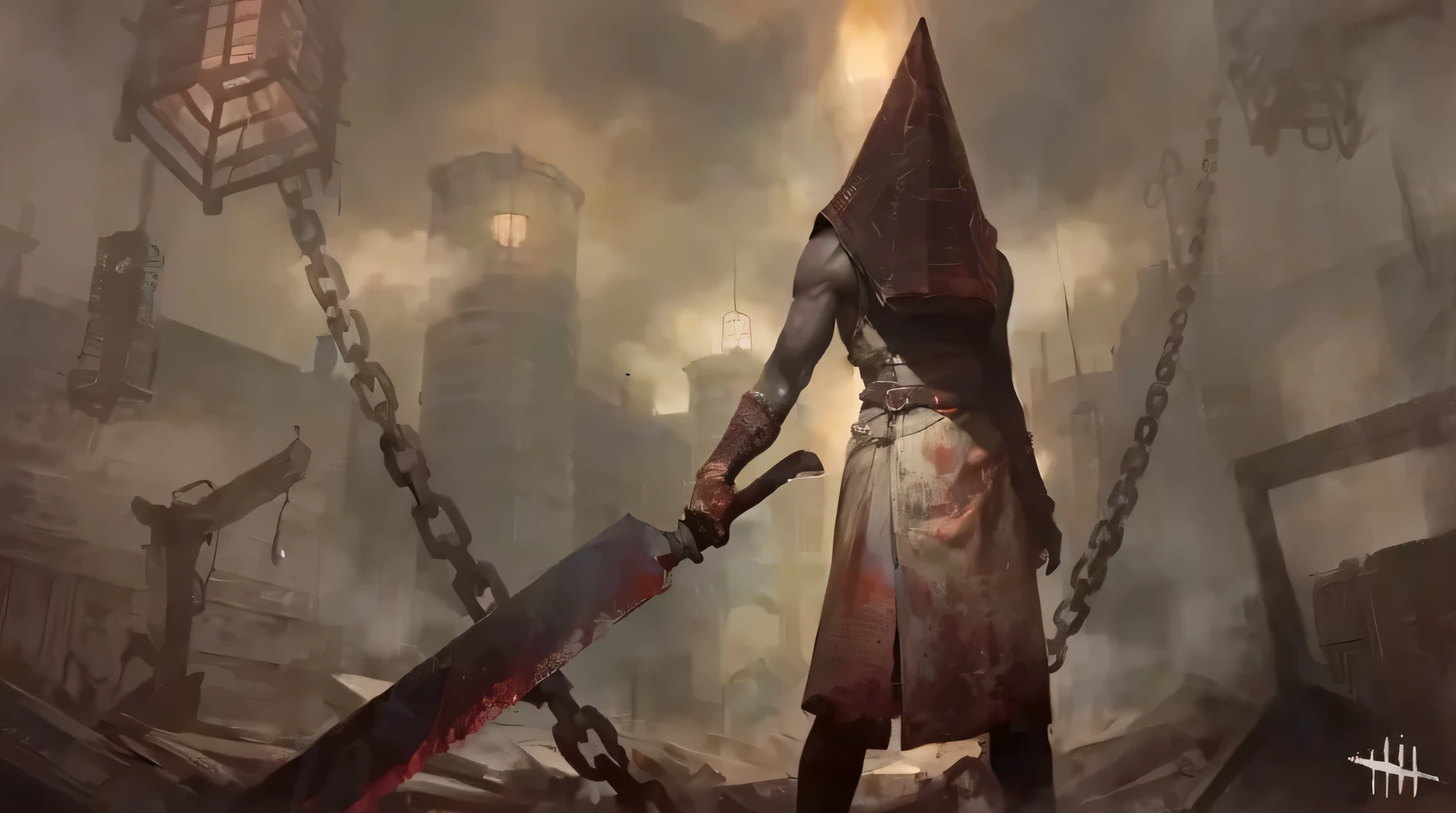 Close-up of a man holding a knife in a dark room, pyramid head, pyramid head from silent Hill, silent Hill game, silent Hill, 'silent Hill ', from software games, silent Hill concept art, atmosphere of silent Hill, silent Hill 1, silent Hill style, silent Hill streets, rusted silent Hill, silent Hill aesthetic, horror video game，Triangle head