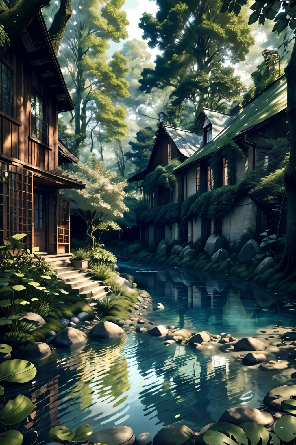 In the heart of a serene green forest, towering trees with outstretched limbs reach for the sky, their leaves forming a dense canopy that shields the forest floor below from the harsh sun. Lush foliage blankets the forest floor, providing a soft cushion beneath the feet of creatures that roam this peaceful realm. Rays of sunlight filter through the leaves, casting dappled patterns on the forest floor, while gentle breezes rustle the leaves above, creating a soothing melody. The peaceful atmosphere is broken only by the distant sounds of birdsong and the gentle trickle of a nearby brook, inviting one to lose themselves in the beauty and tranquility of this enchanted refuge