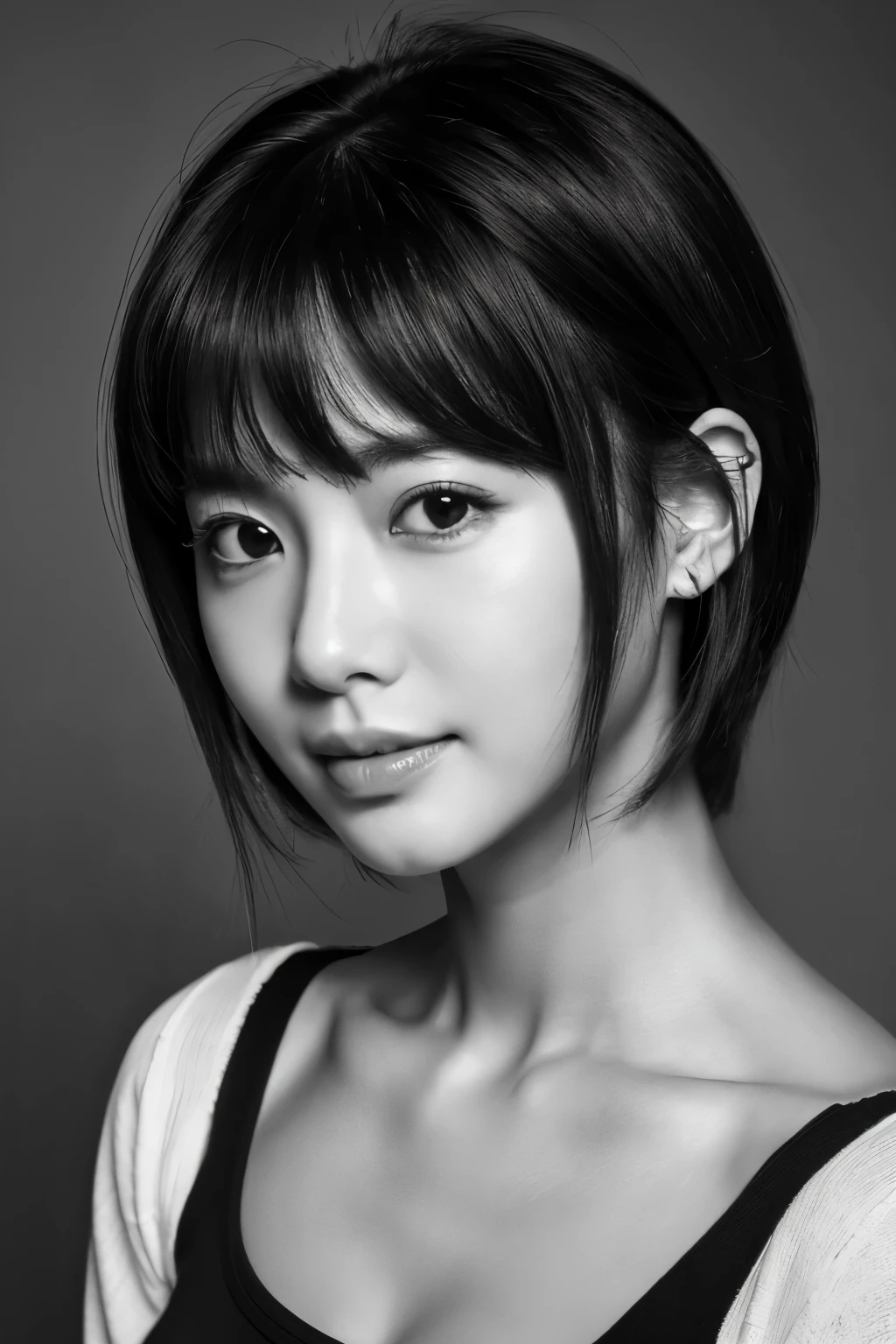 masterpiece, highest quality, Photoreal, Super detailed, High resolution, 8K wallpaper, ((monochrome photography)), 1 girl, thin japanese woman, (((facing the front))), (Only the lips are red), (服はmonochrome photography), short hair, detailed clavicle, cleavage, perfect face, straight hair, ((look straight at the camera))