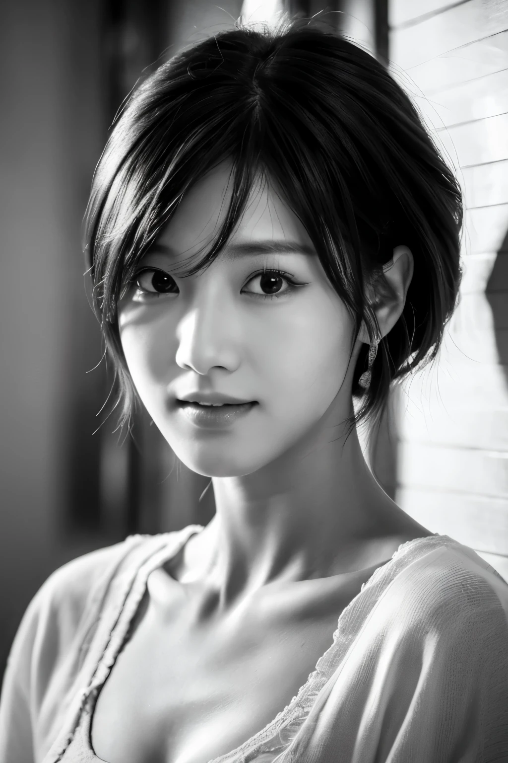 masterpiece, highest quality, Photoreal, Super detailed, High resolution, 8K wallpaper, ((monochrome photography)), 1 girl, thin japanese woman, (((facing the front))), (Only the lips are red), (服はmonochrome photography), short hair, detailed clavicle, cleavage, perfect face, straight hair, ((look straight at the camera))