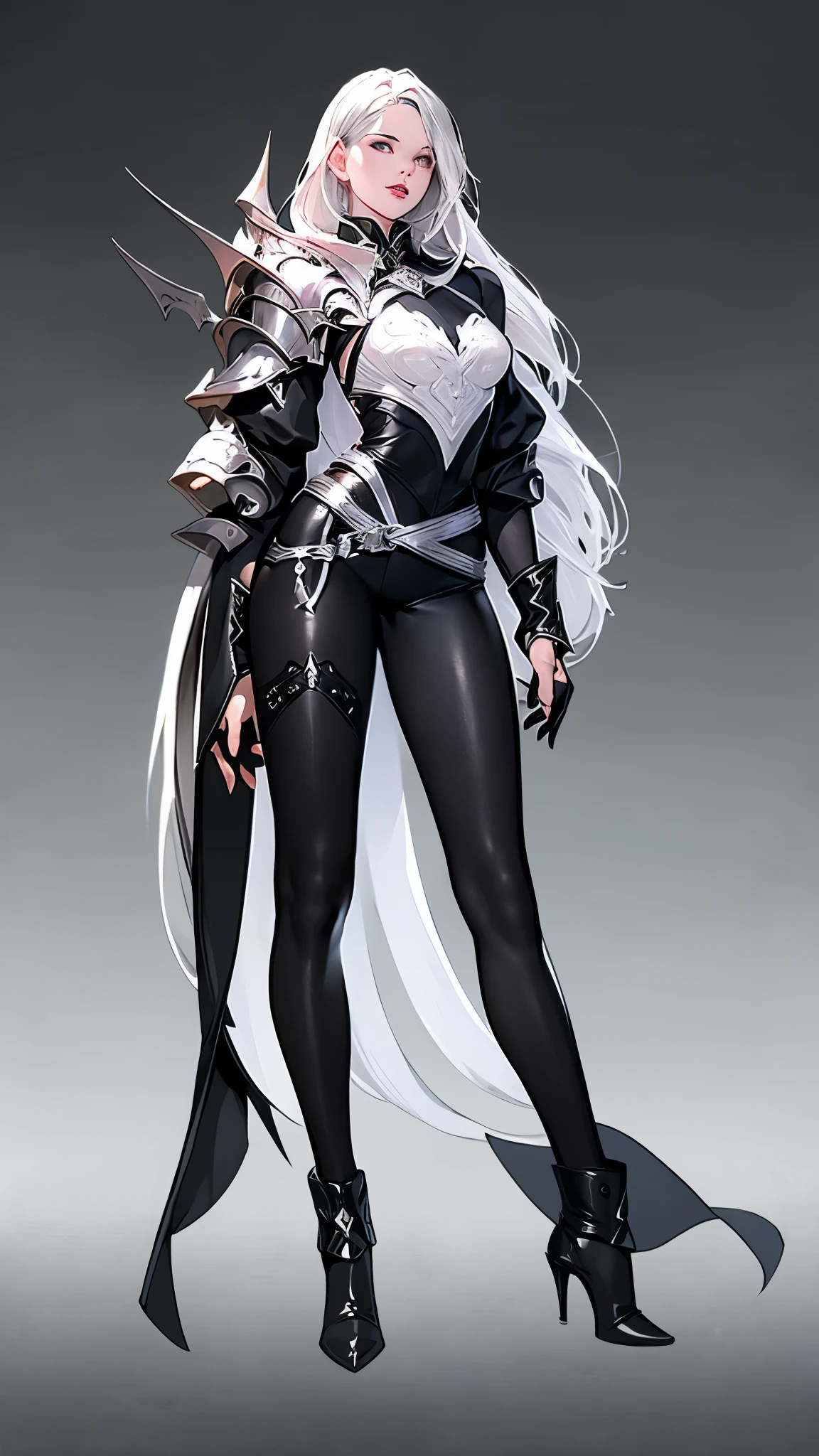 1 female， 30 years old,（ dungeon & Warrior characters)，Wearing black tights，complete body，，white hair， luxurious，Lots of accessories，leather armor，vertical painting，White background，whole body，High heel。stand。（（Front view））facing forward。