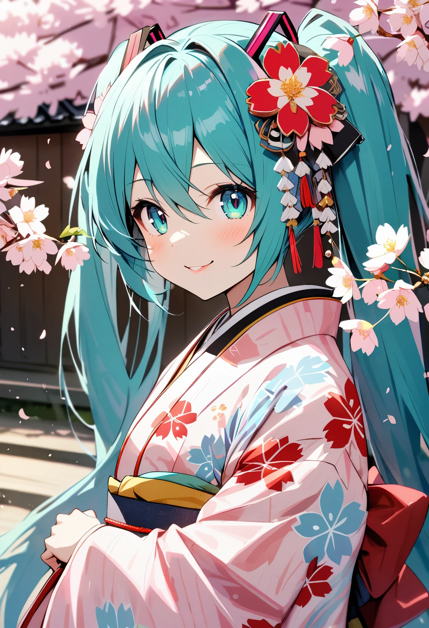 (hatsune miku:1.1), (faint lips:1.1), (smile:1.4), (gorgeous kimono, cherry blossom color:1.4), (under cherry blossom:1.4), Cherry blossom viewing