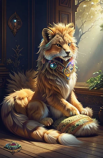In this captivating masterpiece, a detailed fox head gracefully sits atop a majestic lion body, adorned with a flowing, majestic lion tail. The body is meticulously painted with Owl feathers, adding an intriguing blend of magical creatures. The dreamy forest background is filled with bright colors and soft sunlight, creating a mysterious and enchanting atmosphere.
The fox's piercing eyes, filled with a mysterious shine, gaze out at the viewer with an alluring and captivating gaze. Every detail of the intricately painted fur is brought to life, from the individual hairs to the quirky elements that add character to the artwork.
The
