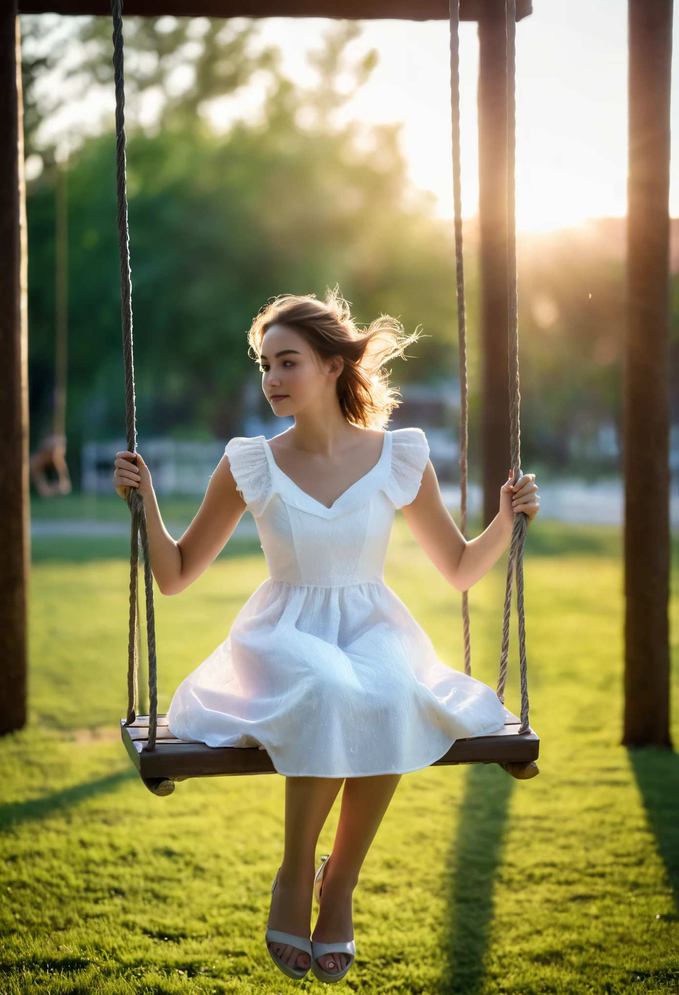 a photo of a young beauty woman in a white dress, full body shot, sitting on a swing, background and foreground blurred, focus on the person, evening sunlight coming from the right angle, light and shadows hitting the body realistically