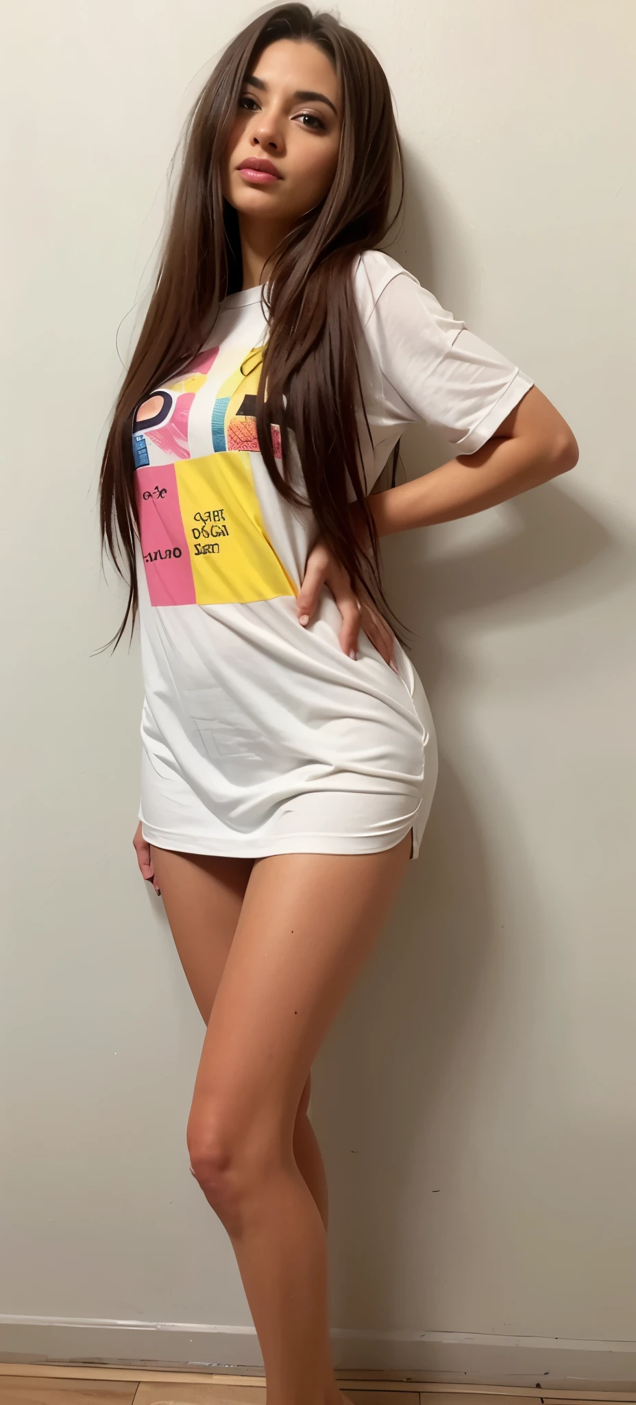 a close-up of a woman standing in a room with a white wall, 90s vibe, Vibe dos anos 90, estilo dos anos 90, estilo y2k, estilo y2k, estampa vintage anos 90, estampa vintage dos anos 90, graphic t-shirts, vestido com uma camiseta branca, estilo anos 8 0, 2 modelo feminino de 4 anos