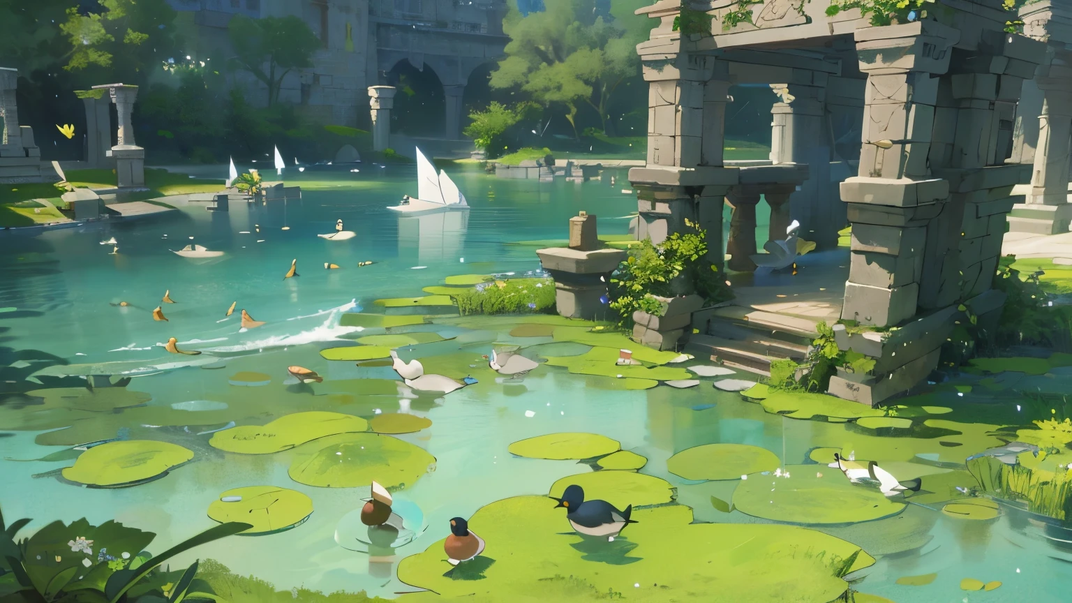 there are many ducks swimming in a pond of water, sword stuck in a pond island, final fantasy 1 4 screenshot, video game screenshot>, final fantasy 14 style, pc screenshot, epic coves crashing waves plants, abzu, lush oasis, lalafell, near crystal temple in atlantis, beautiful screenshot, submerged temple scene, gameplay still