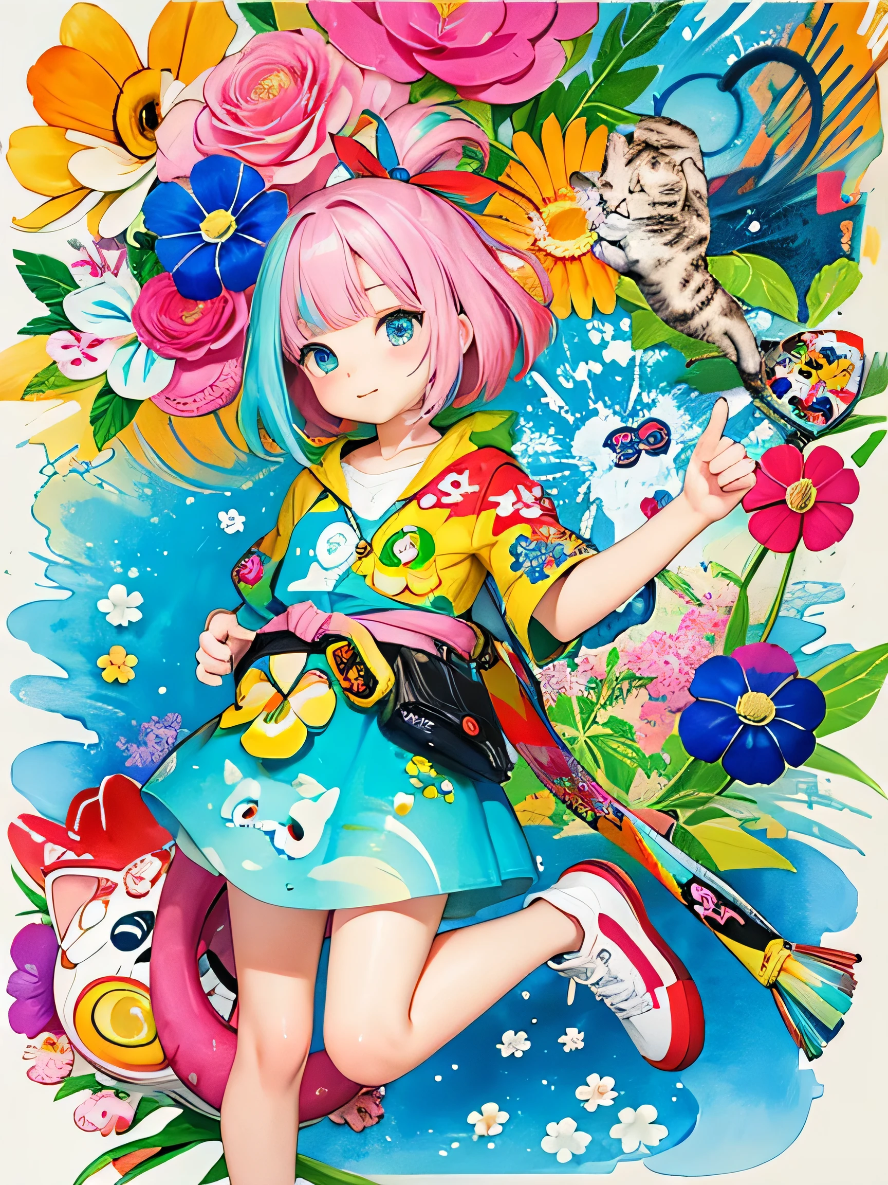 8K quality, Takashi murakami'illustration of, intense watercolor, watercolor detailed art, watercolor splash, surreal, avant-garde pop art, Beautiful and expressive paintings, 美しいアートワークillustration of, very colorful tones, wonderful, cool beauty, highest quality,official art, vector art,stylish design, (((1 cute kitten))), (((highest quality))), HDR, ((Detailed details)), (((graffiti art))), ((masterpiece))、((Super detailed))、(((colorful flowers)))、(((Hawaii Travel)))