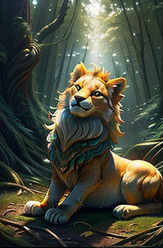 In the heart of a dreamy forest, a captivating mystical creature emerges. With a detailed fox head adorned with piercing eyes that gleam with an intriguing shine, this enchanting figure possesses the powerful body of a majestic lion. The regal lion tail, draped elegantly over her back, adds an air of majesty and grace. Owl feathers gracefully frame her broad shoulders, merging the essence of various magical creatures in this surreal animal blend.
The image is imbued with a soft, ethereal sunlight that bathes the creature in a warm, inviting glow. The forest background is rendered in bright colors, creating a mesmerizing