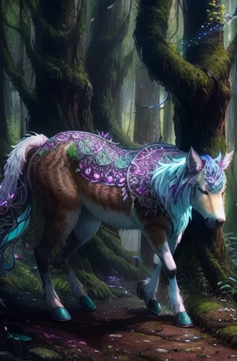 Lillia from League of Legends, ((deer centaur)), 4 hooves, two arms, two hands, deer tail, fluffy, high resolution, realistic, Soft, 4K, upscales, high detail, Delicate fur, forest, big breasts, big nipples, hyper areola, long nipples, 4 legs, feral, stretching, smile, purple eyes, 1 girl, peeking at viewer, big feral deer butt, throbbing horse cock, saggy balls, back toward viewer, looking back at viewer, erection, presenting horse cock, erect horse cock, cock dripping precum