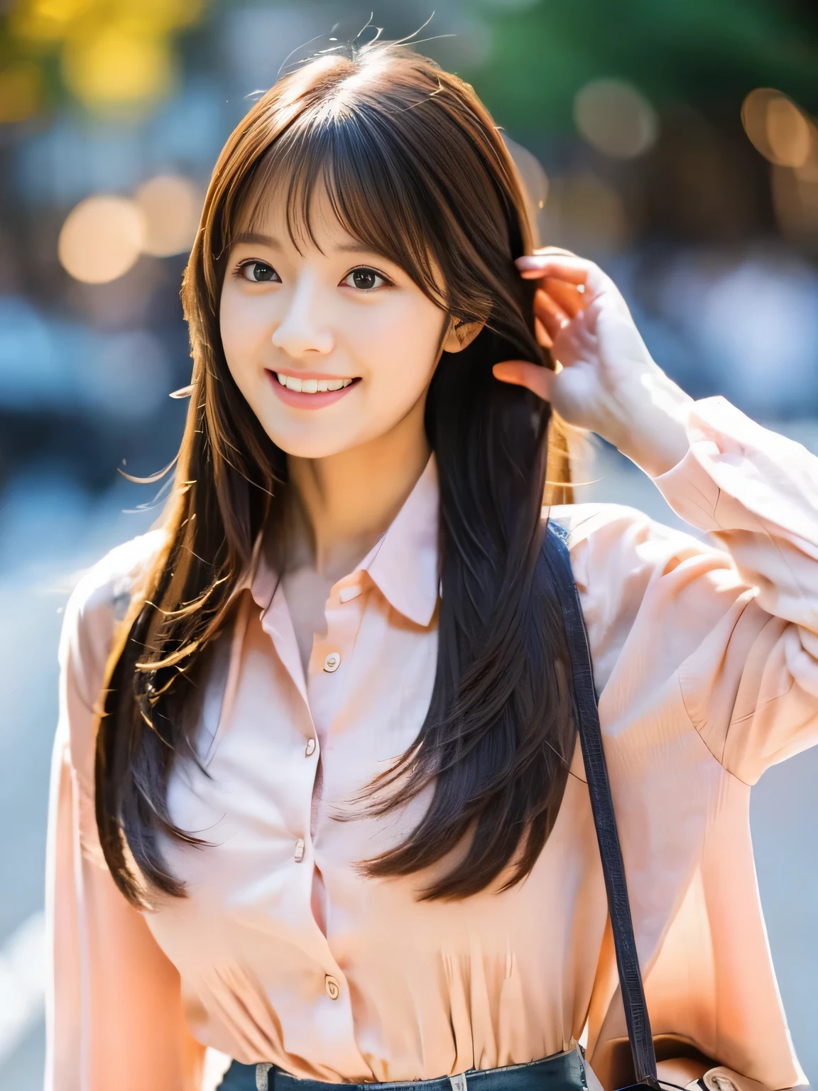 alone, (26 years old:1.4), beautiful detailed woman, famous japanese actress, natural makeup,brown hair, bangs, ,Pink collared shirt,high waist wide pants,push your butt back