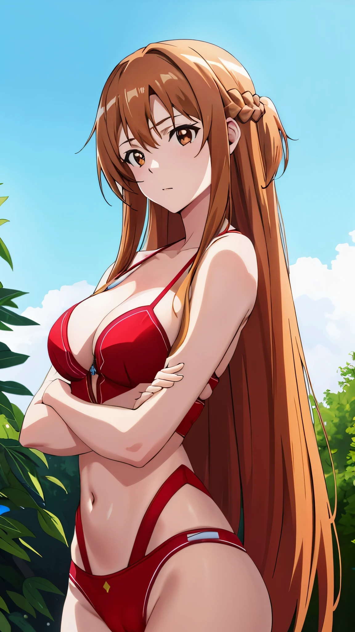 girl in top showing cleavage , very shocked face , big eyes ,natural hanging big  sagging cleavage  , 1girl in, Yuuki Asuna, Brown hair, Brown eyes, medium breasts, Long hair, braid , Ultra High Qualit, , best_quality:1.0), ultra high res,4K,ultra-detailed, photography, 8K, HDR, highres, absurdres:1.2, Kodak portra 400, closeup on cameltoe