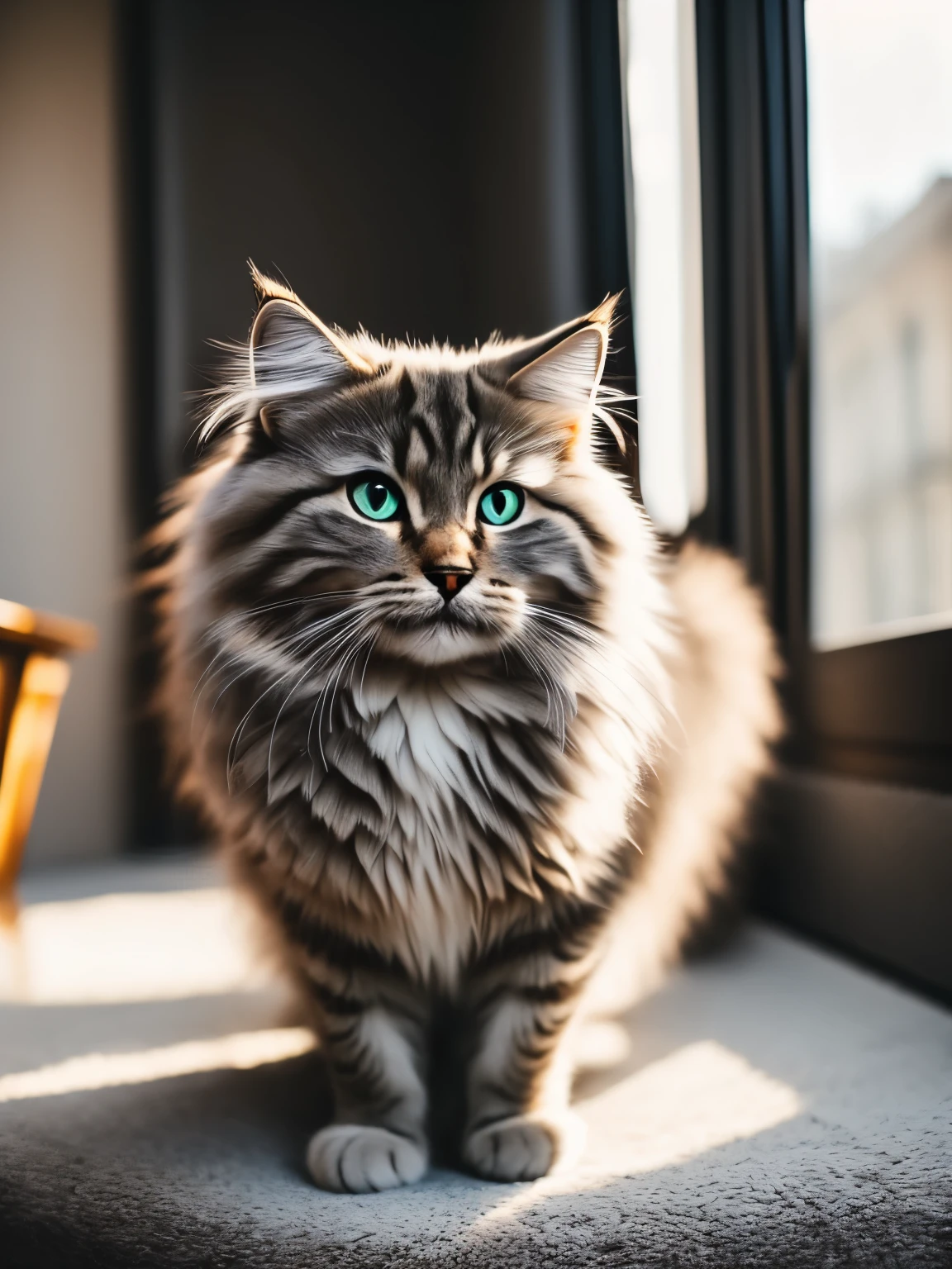 siberian cat, curious look, light gray fur, zoom out
