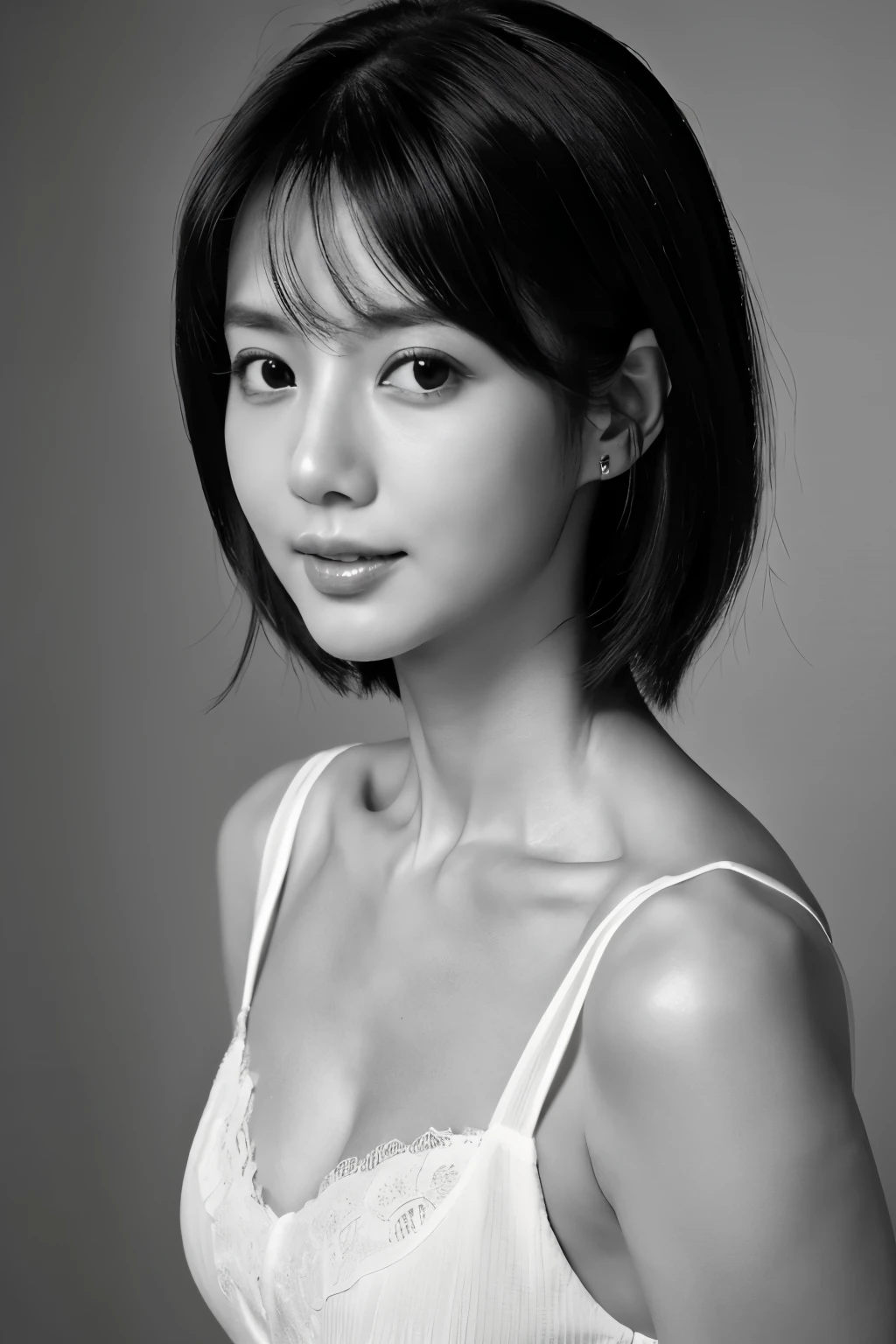 masterpiece, highest quality, Photoreal, Super detailed, High resolution, 8K wallpaper, ((monochrome photography)), 1 girl, thin japanese woman, (((facing the front))), ((Only the lips are red)), (服はmonochrome photography), short hair, detailed clavicle, cleavage, perfect face, straight hair, ((look straight at the camera))